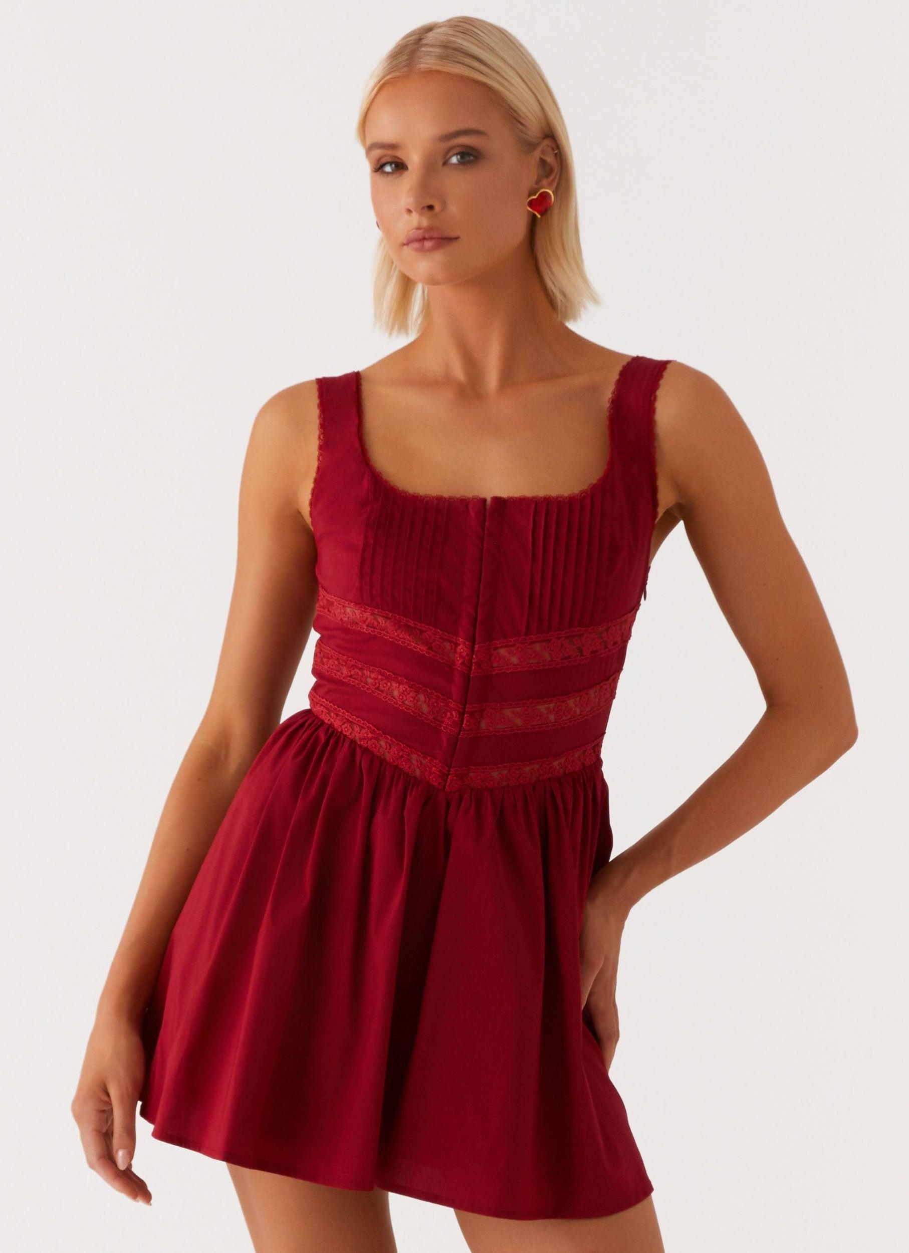 Eleanor Lace Trim Mini Dress - Red Product Image