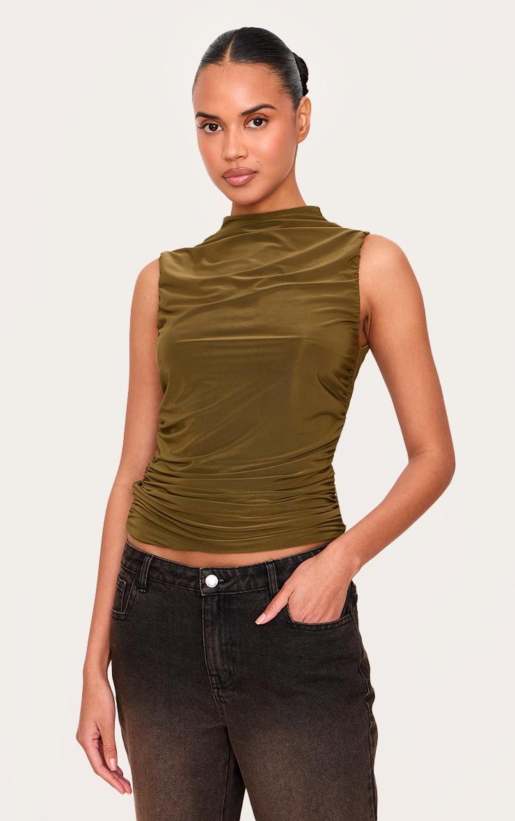 Olive Double Layer Slinky Ruched Detail Long Top Product Image