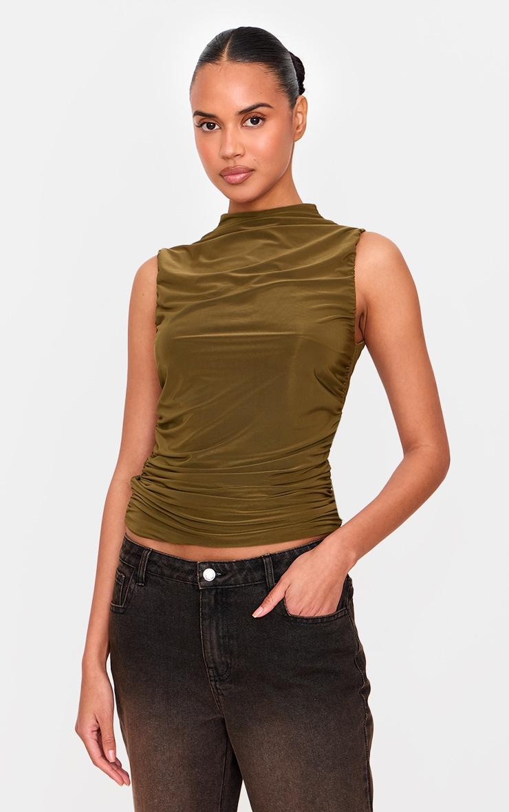 Olive Double Layer Slinky Ruched Detail Long Top Product Image
