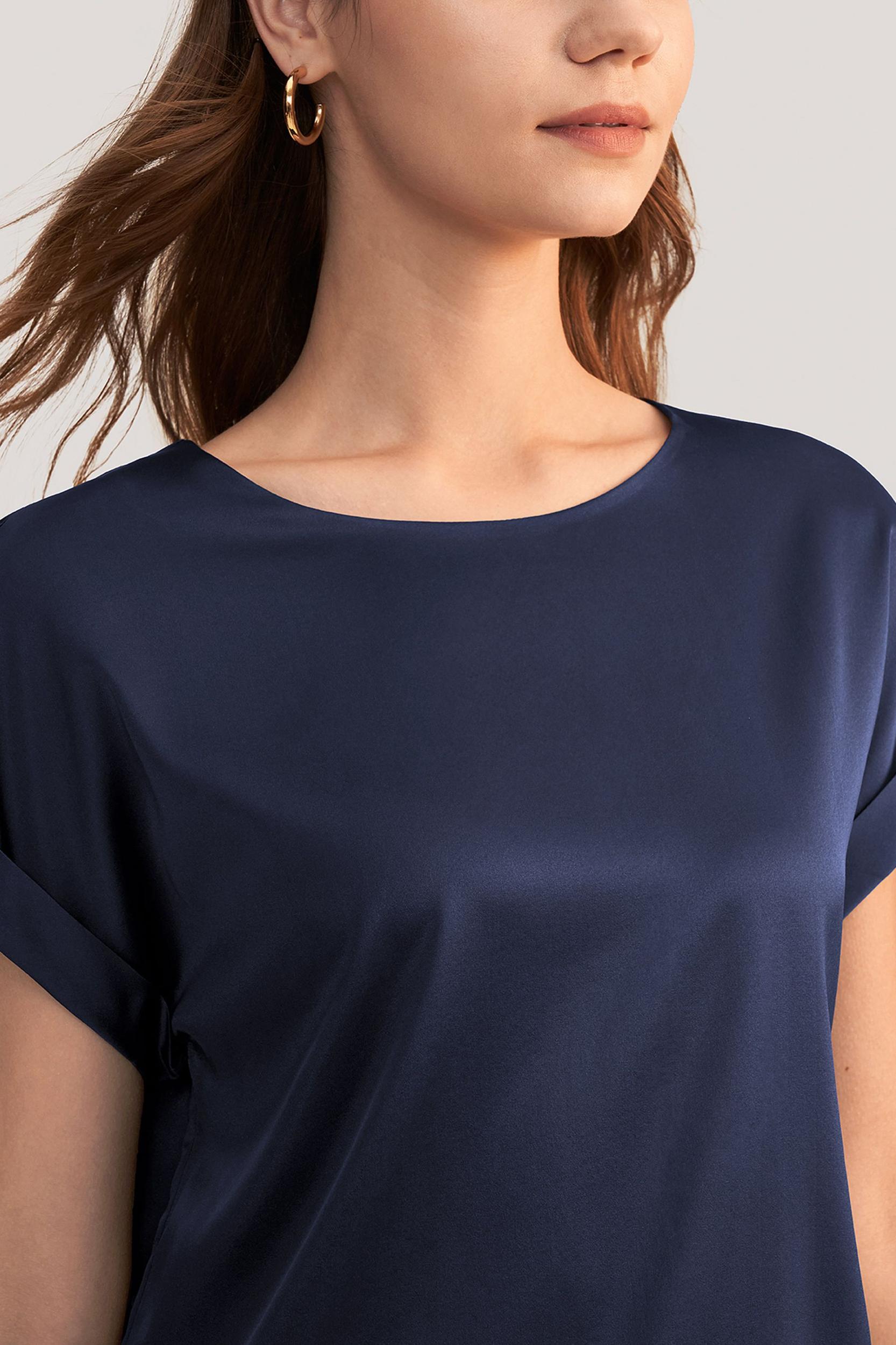 LILYSILK Women Silk Tee Shirts Black Quality Stretchy Silk Soft Classic Round Neck Rolled Cuffs Silk Top XS Product Image