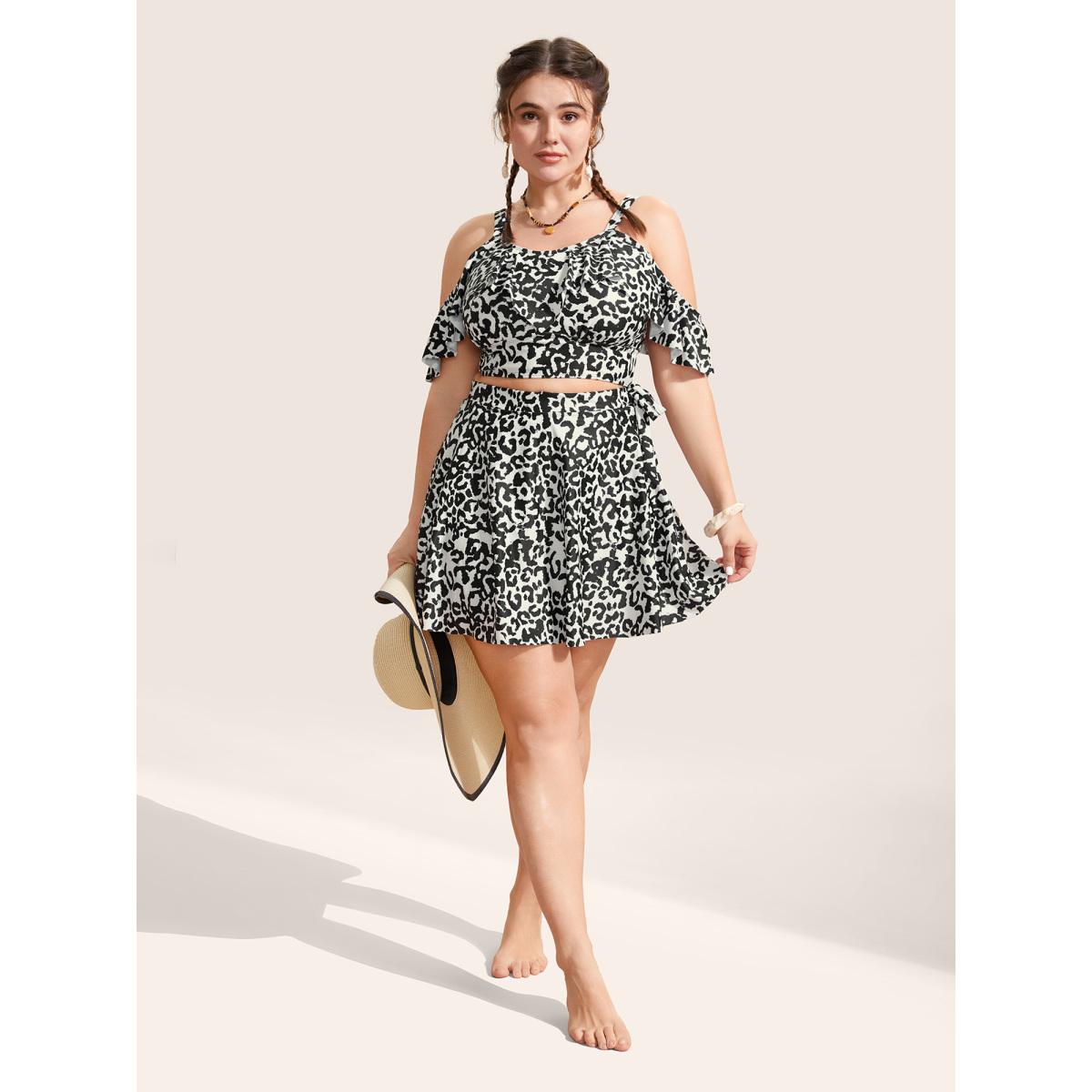 Plus Size Leopard Print Ruffles Adjustable Straps Swim Top Women's Swimwear Beige Beach Ruffles High stretch Bodycon One-shoulder neck Curve Swim Tops BloomChic 14-16/1X Product Image