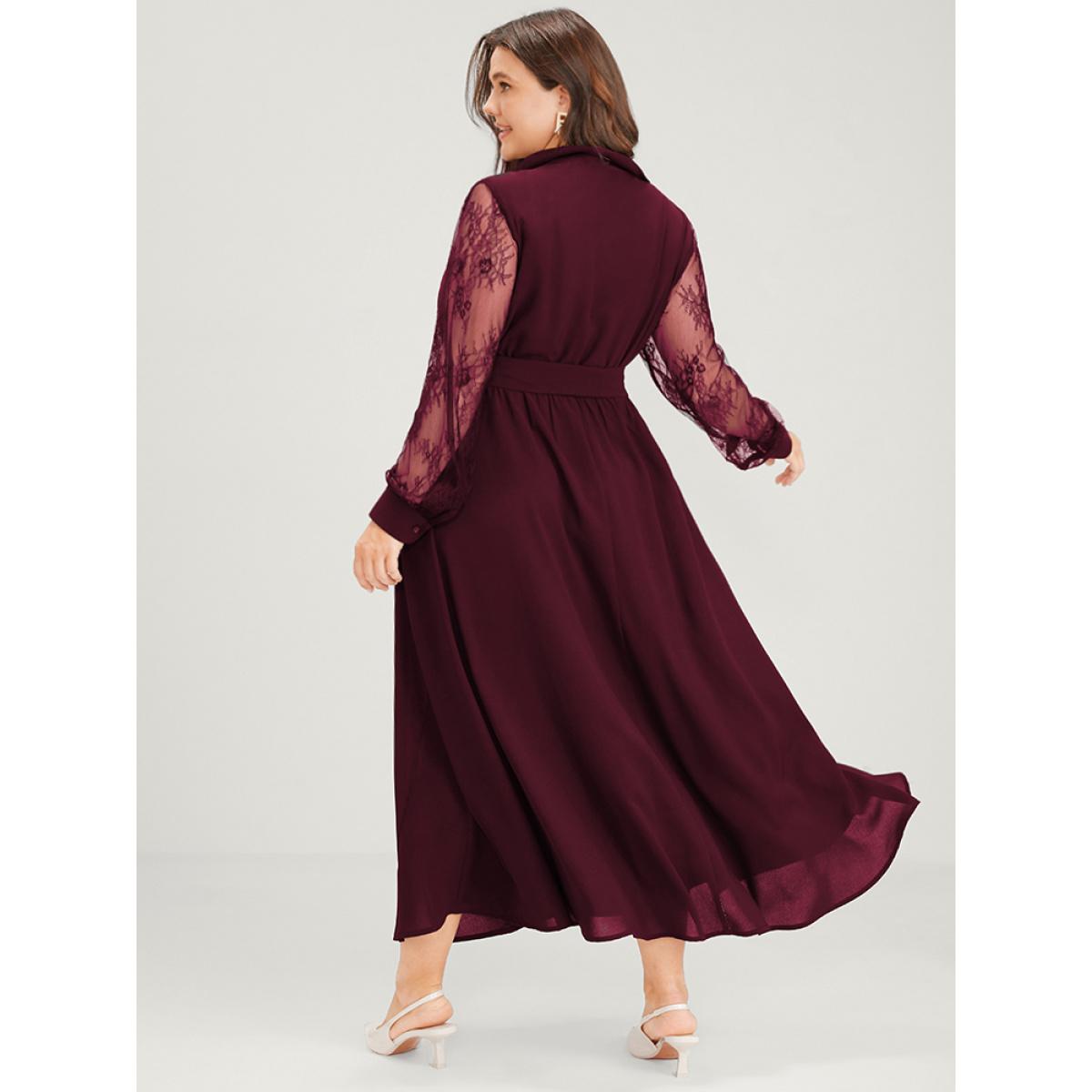 Plus Size Solid Lace Lantern Sleeve Button Lapel Collar Belted Maxi Dress Burgundy Women Elegant Cross straps Lapel Collar Long Sleeve Curvy Long Dress BloomChic 22-24/3X Product Image