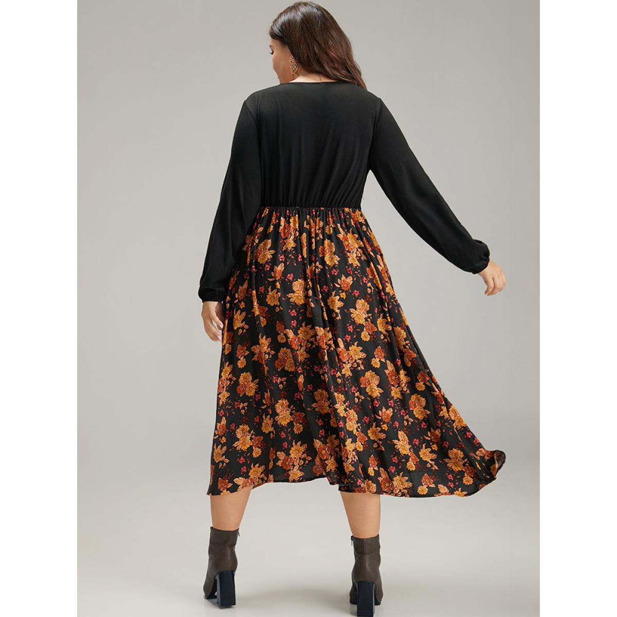 Plus Size Supersoft Essentials Floral Patchwork Twist Front Dress Black Women Elegant Elastic cuffs V-neck Long Sleeve Curvy Midi Dress BloomChic 28/5X Product Image