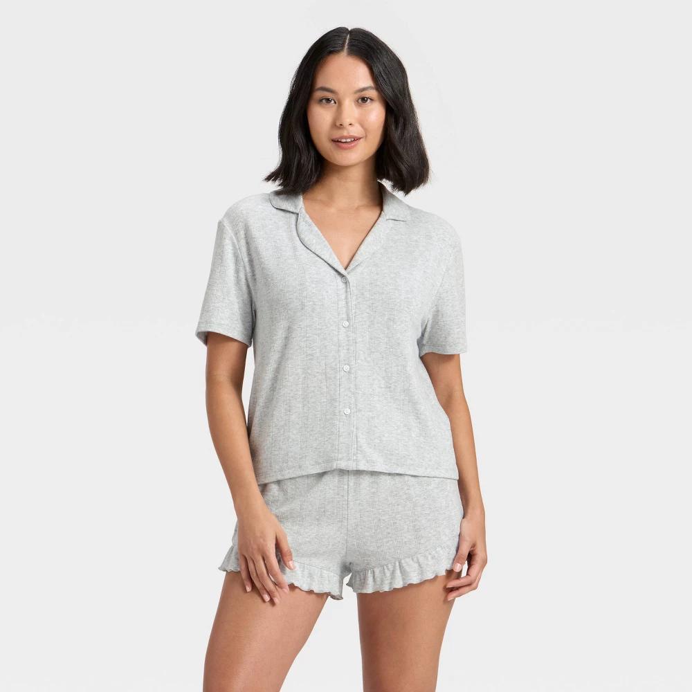 Women's Pointelle Notch Collar Shirt and Shorts Pajama Set - Wild Fable™ Navy M Product Image