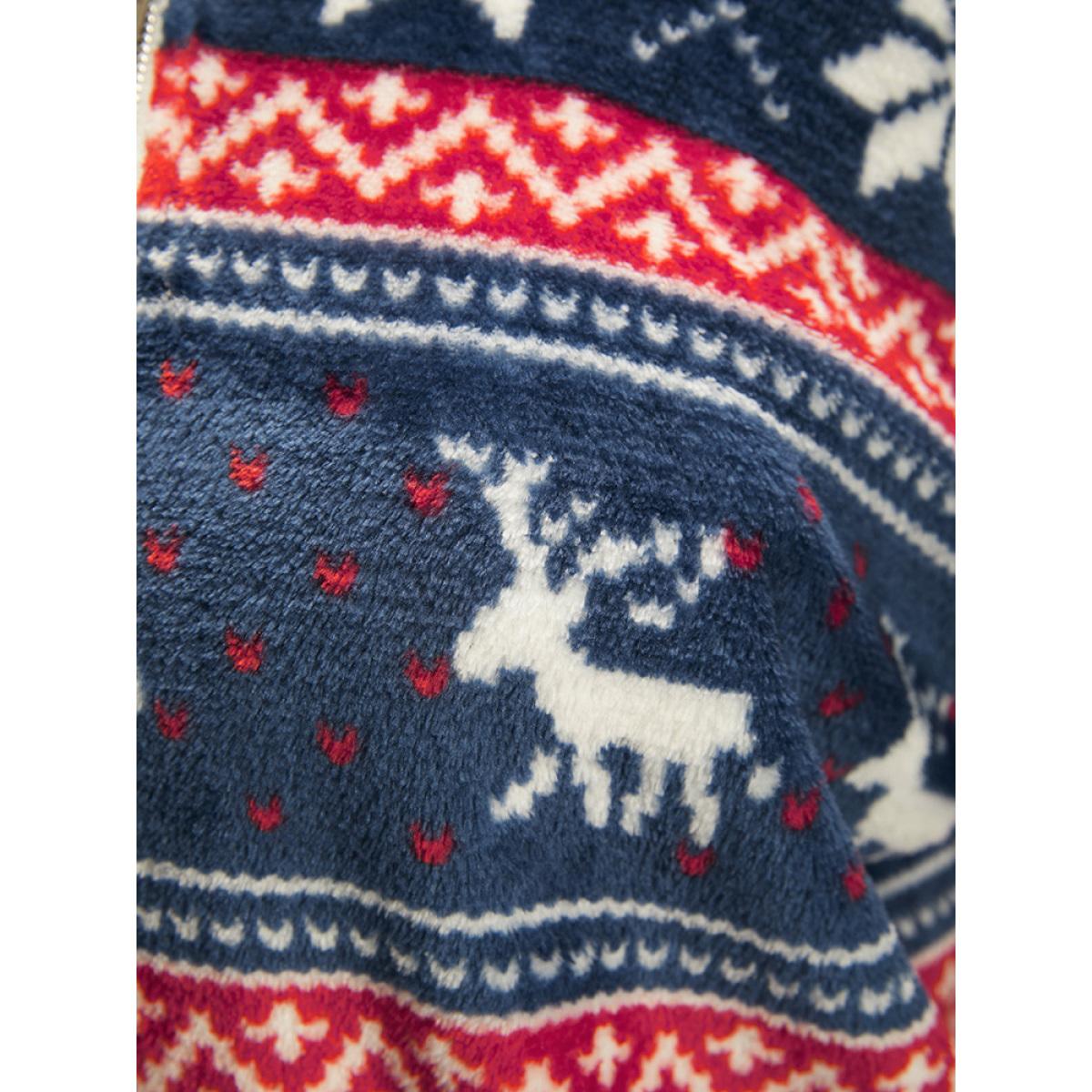 Plus Size Snowflake & Elk Print Zipper Pocket Sweatshirt Women DarkBlue Casual Zipper Hooded Dailywear Sweatshirts BloomChic 18-20/2X Product Image