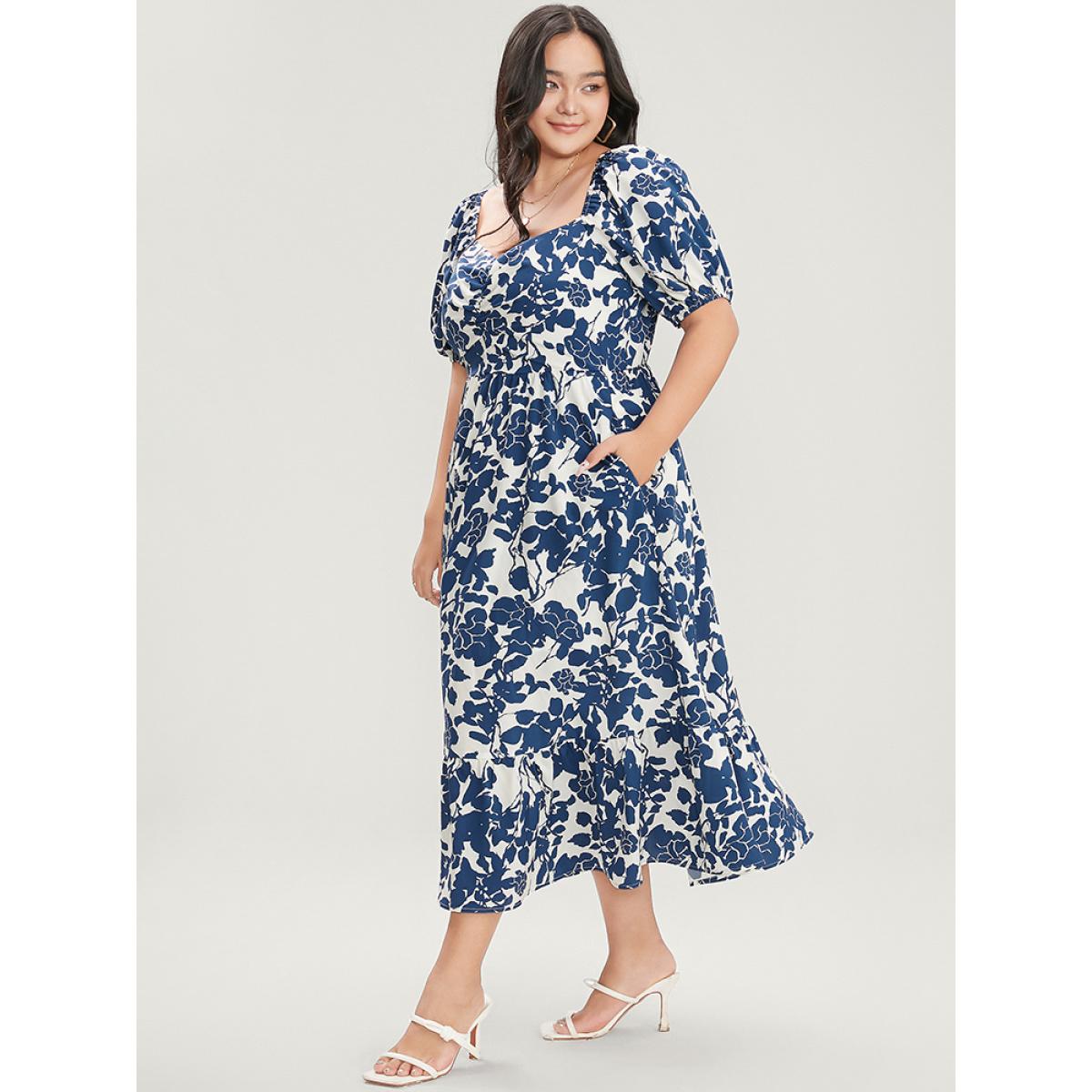 Plus Size Floral Print Pocket Puff Sleeve Ruched Pocket Ruffle Hem Dress DarkBlue Women Elegant Pocket V-neck Short sleeve Curvy Midi Dress BloomChic 30/6X Product Image
