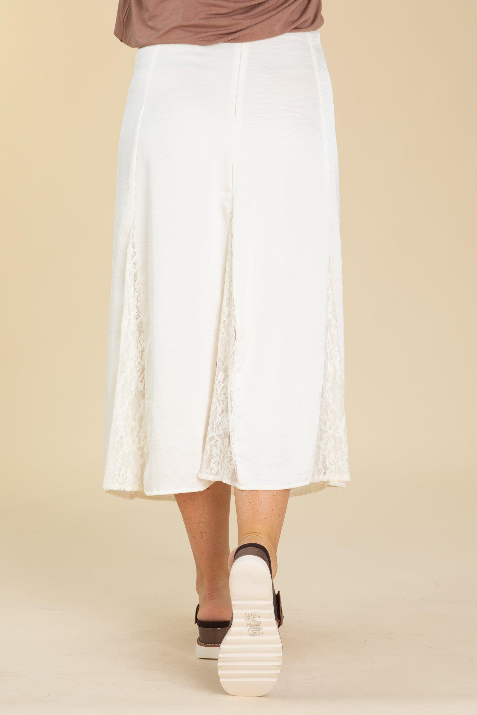 Cream Crushed Satin Lace Godet Skirt Product Image