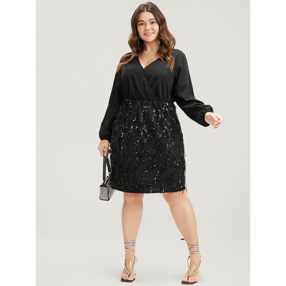 Plus Size Solid Patchwork Wrap Sequin Tassel Detail Dress Black Women Party Patchwork V-neck Long Sleeve Curvy Knee Dress BloomChic 28/5X Product Image