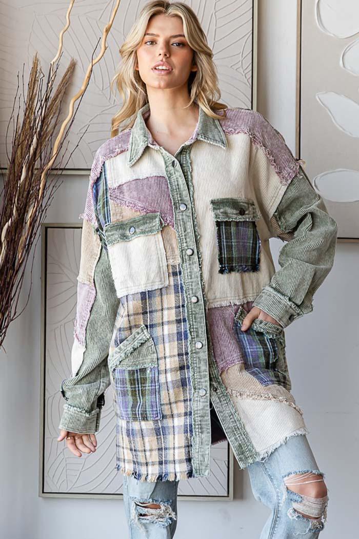 Patchwork Corduroy Long Sleeve Shacket Product Image