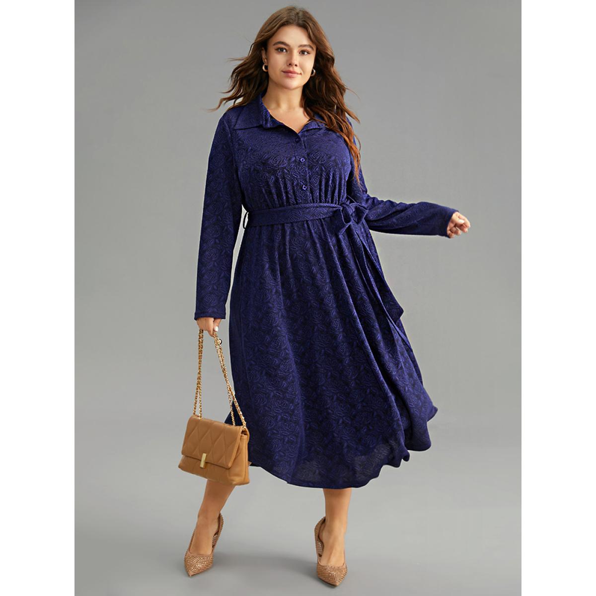 Plus Size Graphic Jacquard Shirt Collar Belted Dress Indigo Women Office Texture Shirt collar Long Sleeve Curvy Midi Dress BloomChic 12/L Product Image
