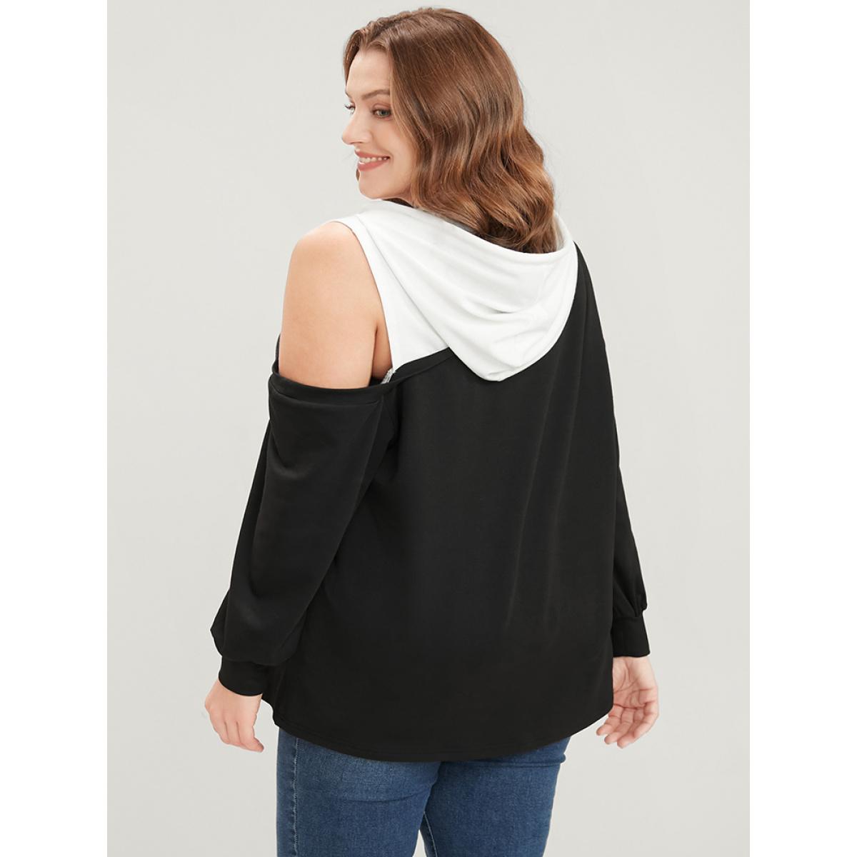 Plus Size Colorblock Contrast Drawstring Cut Out Sweatshirt Women Black Casual Contrast Hooded Dailywear Sweatshirts BloomChic 14-16/1X Product Image