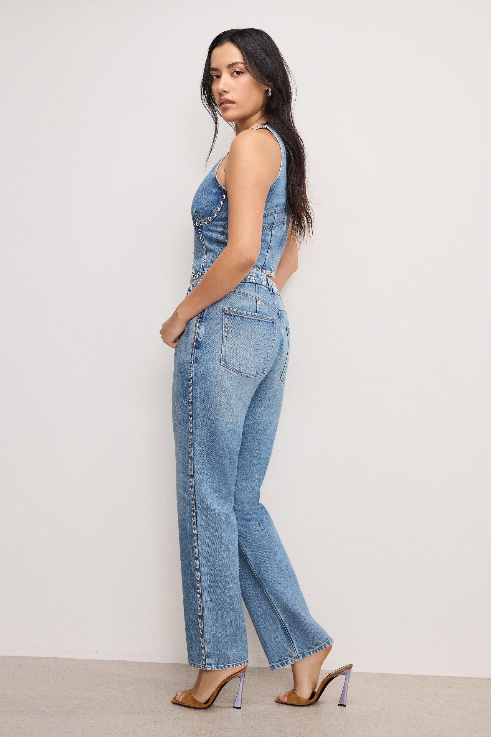 GOOD ICON STUDDED STRAIGHT JEANS | INDIGO895 Product Image