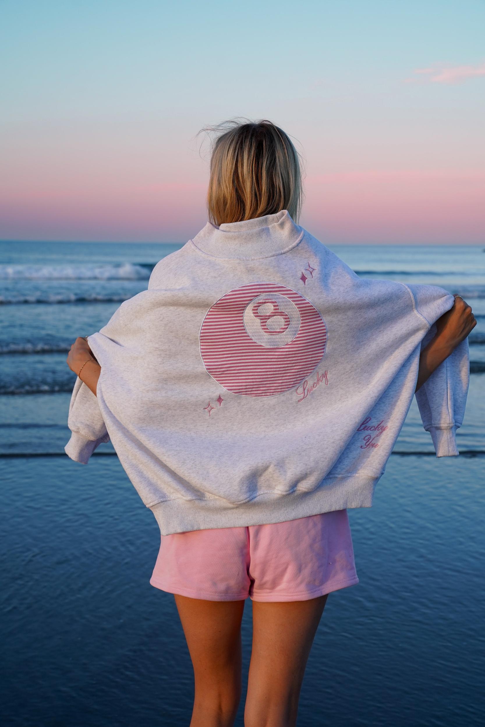 Pearl Grey Lucky You 8 Ball Mockneck Embroider Sweatshirt Product Image
