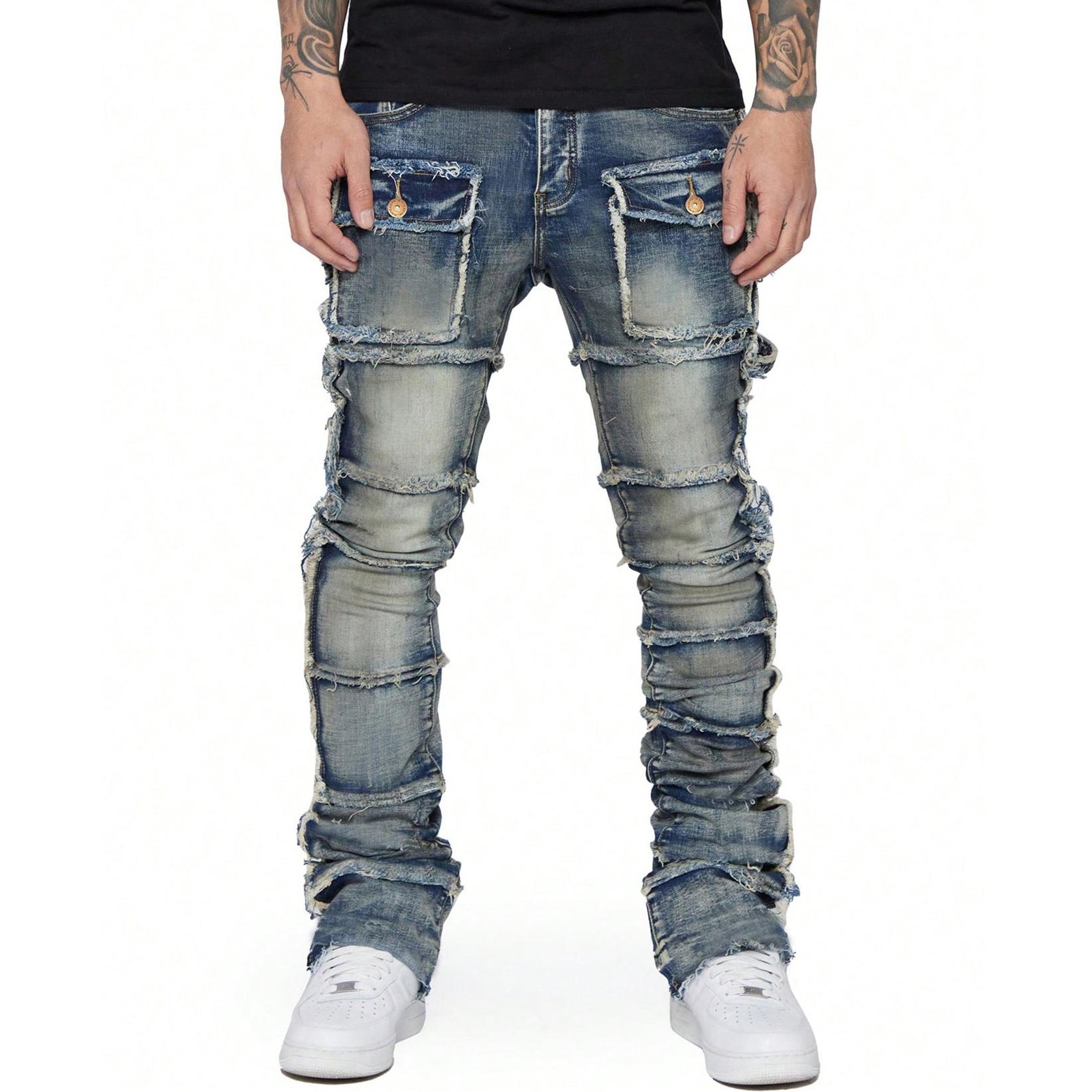 Hiphop Fashion Stretch Patch Cargo Straight Jeans Product Image
