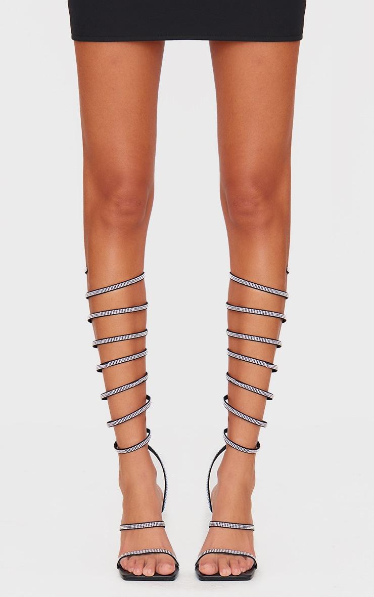 Black PU Square Toe Diamante Spiral Mid Stiletto Heeled Sandals Product Image