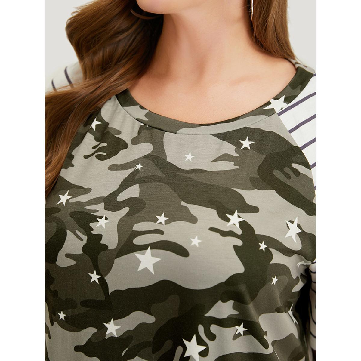 Plus Size Camo & Striped Print Raglan Sleeve T-shirt Multicolor Women Casual Contrast Camo Round Neck Dailywear T-shirts BloomChic 28/5X Product Image