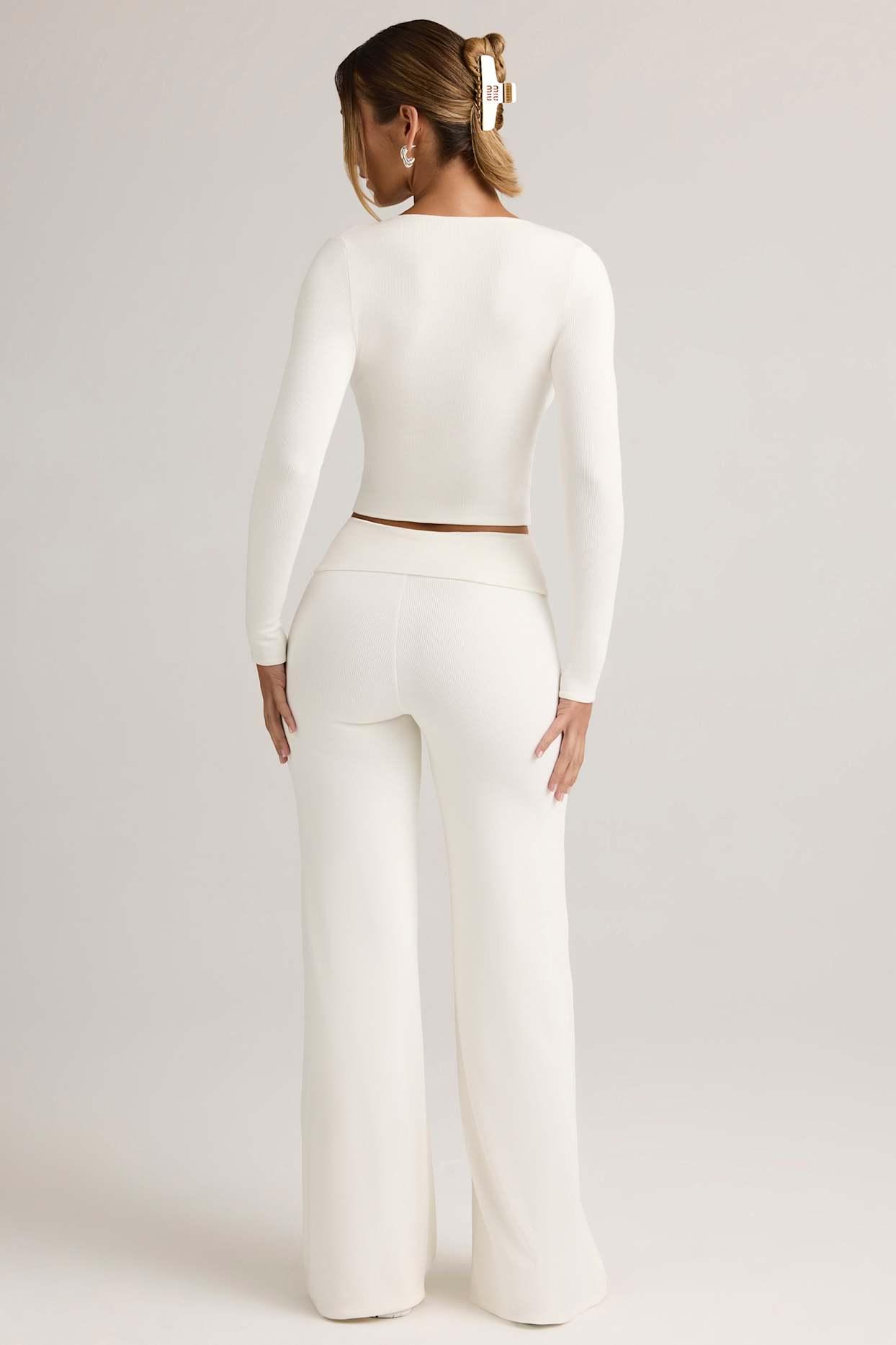 Modal Foldover Wide-Leg Trousers in White Product Image