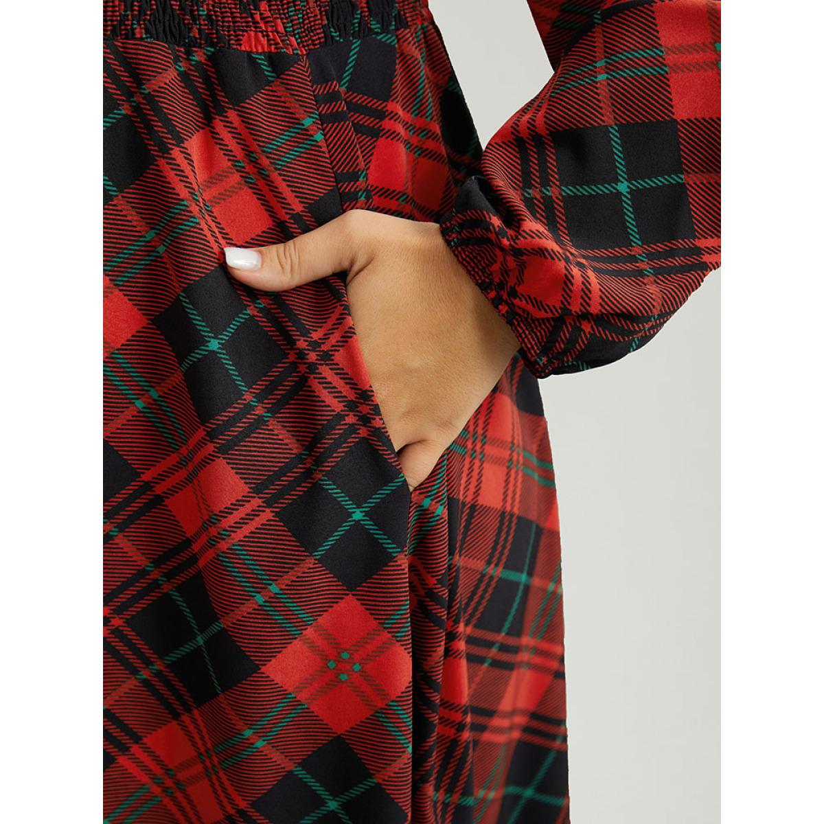 Plus Size Plaid Shirred Frill Trim Pocket Square Neck Dress Scarlet Women Elegant Elastic cuffs Square Neck Long Sleeve Curvy Midi Dress BloomChic 30/6X Product Image