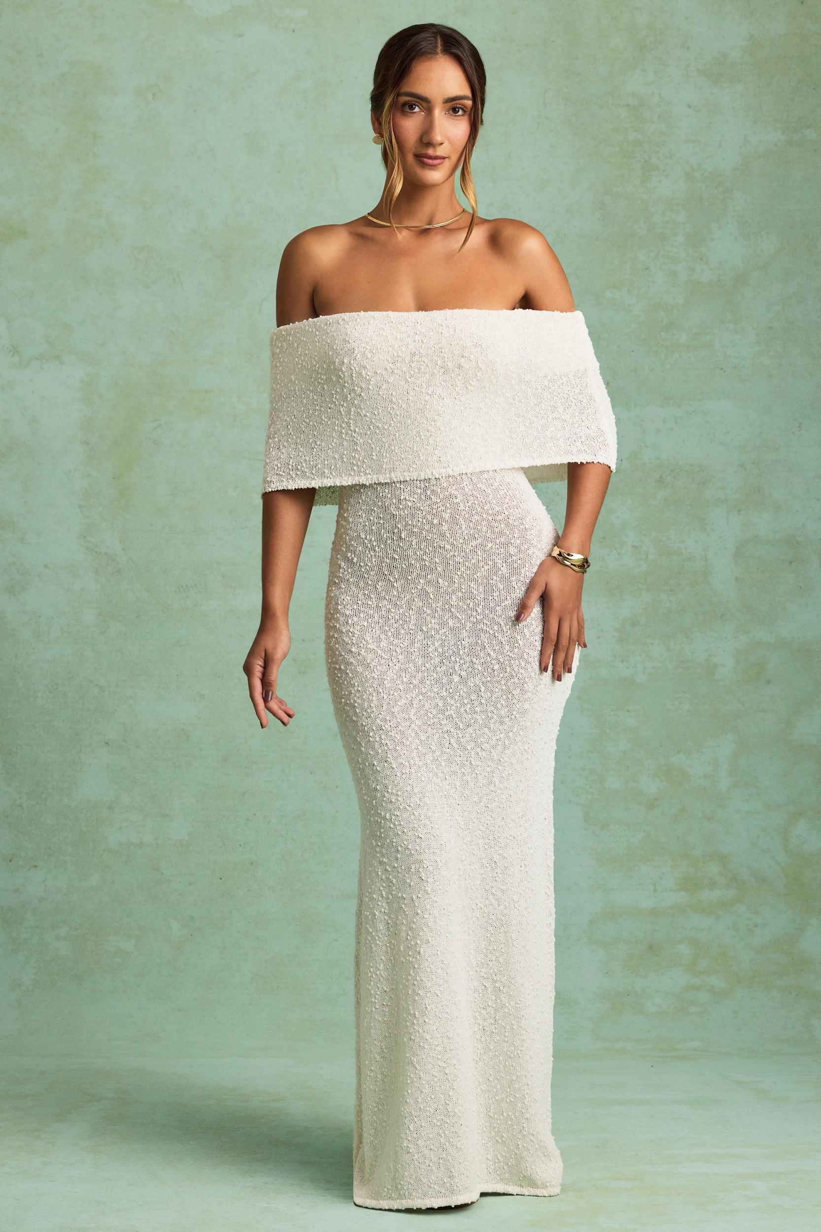 Bouclé Off-Shoulder Maxi Dress in White Girls Product Image