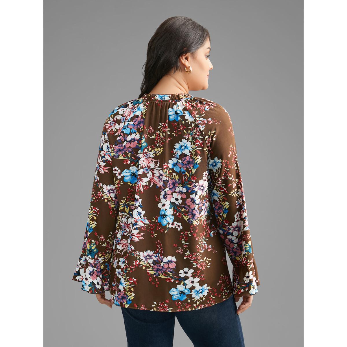 Plus Size Browncoffeecolor Floral Tie Knot Flutter Sleeve Blouse Women Elegant Long Sleeve V-neck Everyday Blouses BloomChic 28/5X Product Image