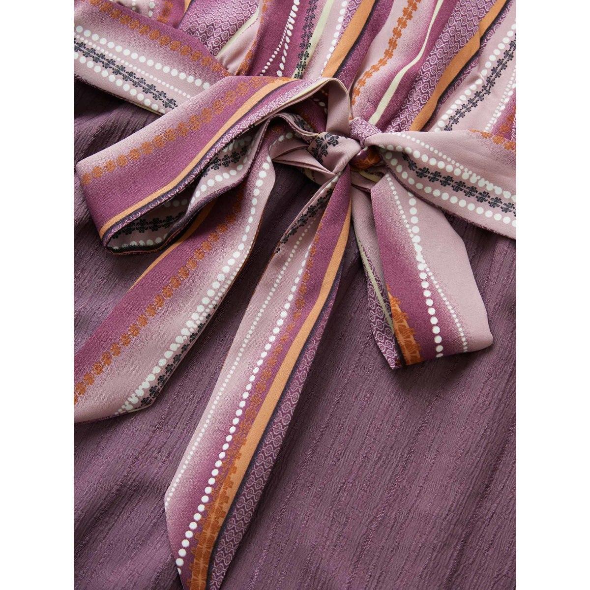 Plus Size Striped Patchwork Overlap Collar Ties Dress Mauve Women Resort Non Overlap Collar Short sleeve Curvy Midi Dress BloomChic 14-16/1X Product Image