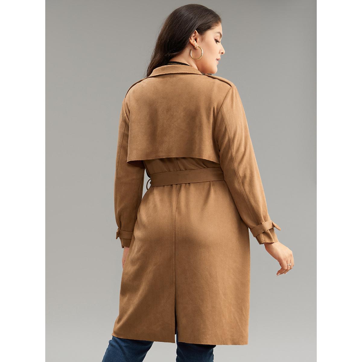 Plus Size Solid Button Detail Knot Belted Coat Women Chocolate Work From Home Plain Ladies Work Winter Coats BloomChic 18-20/2X Product Image