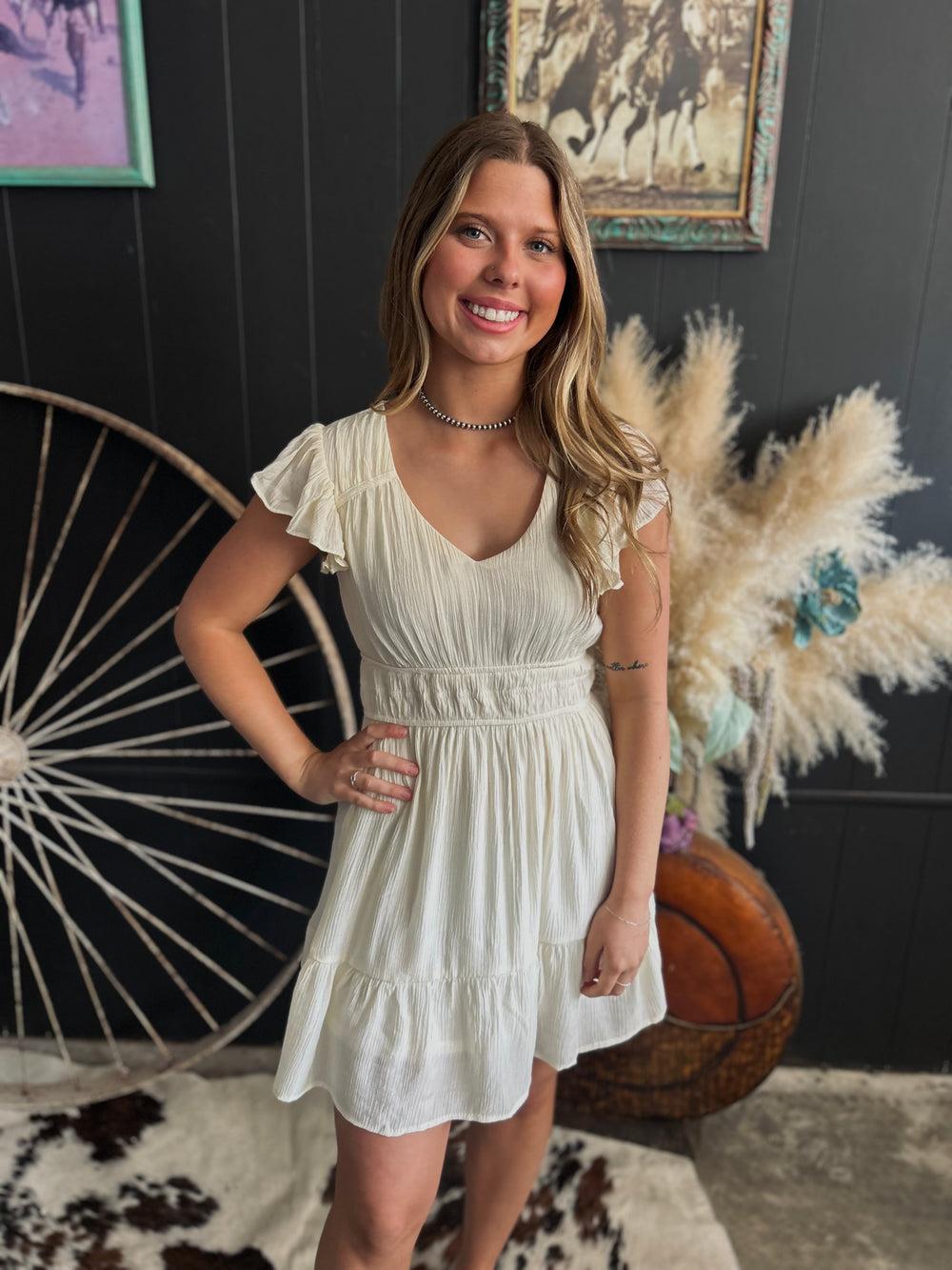 V Neck Short Sleeve Ruffle Detail Shirred Mini Dress- 4 Colors* Product Image