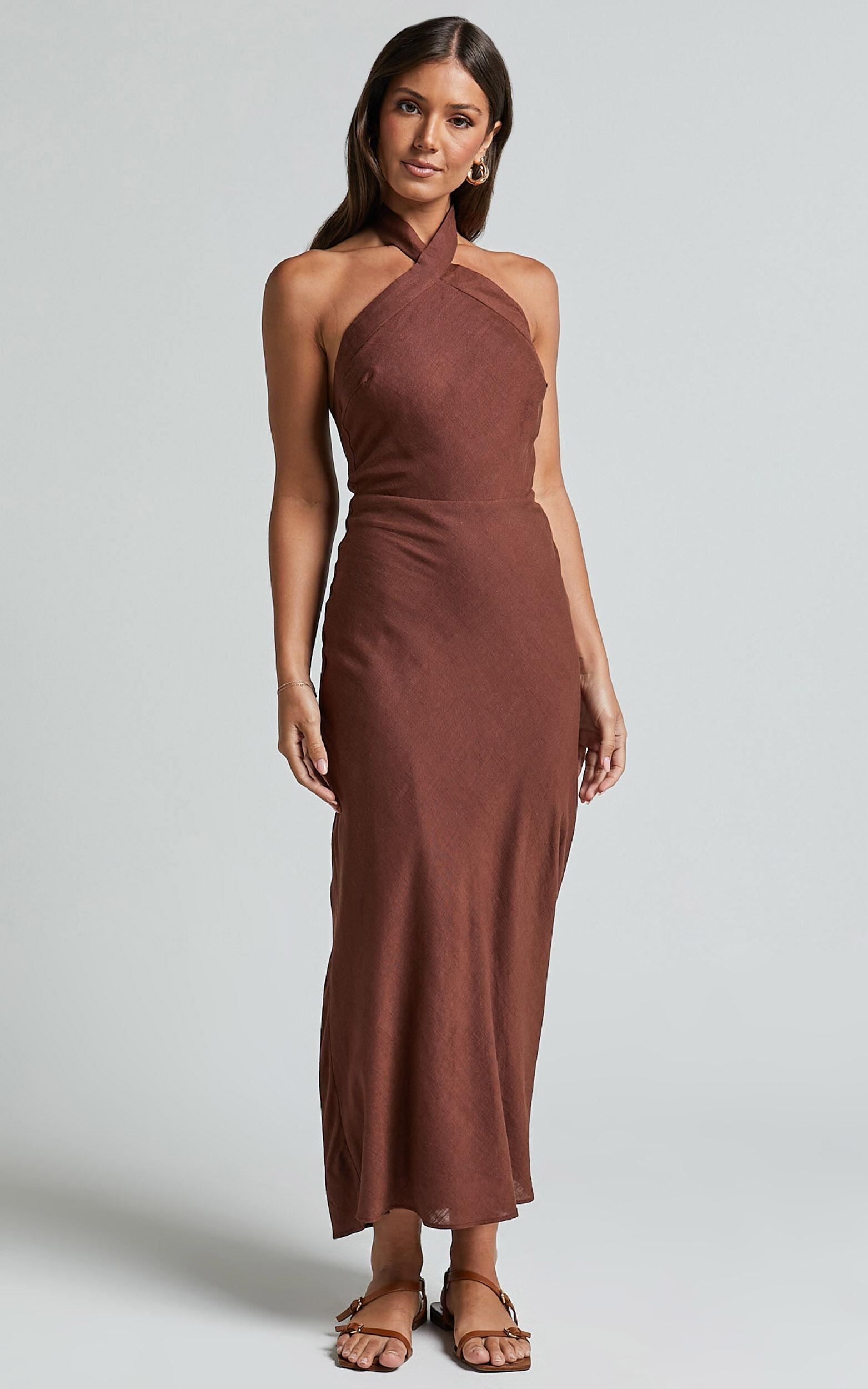 Maelynn Midi Dress - Linen Twist Halter Neck Low Back Slip Dress in Chocolate Product Image