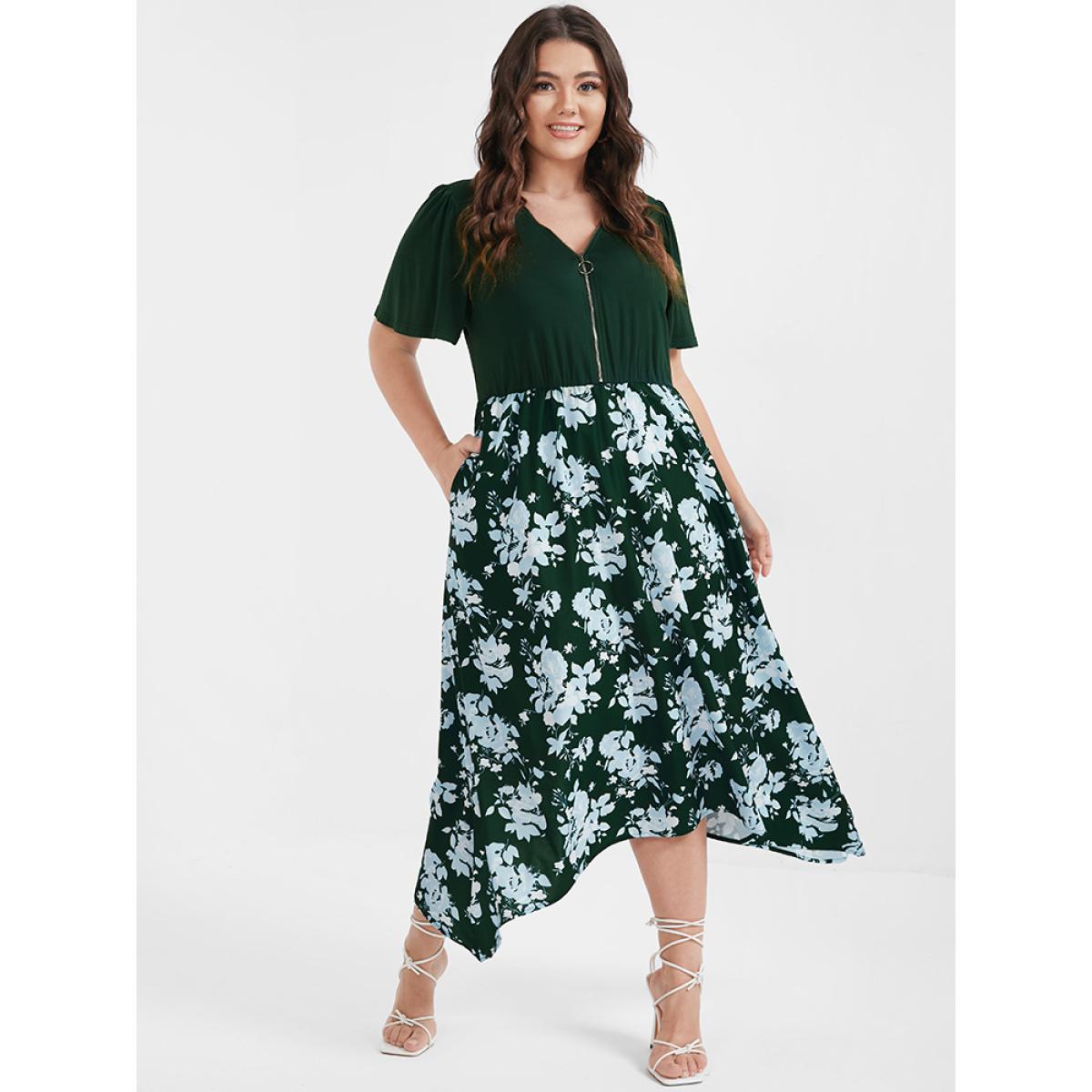 Plus Size Floral Patchwork Zipper Asymmetrical Hem Pocket Midi Dress DarkGreen Women Elegant Patchwork V-neck Short sleeve Curvy Midi Dress BloomChic 26/4X Product Image