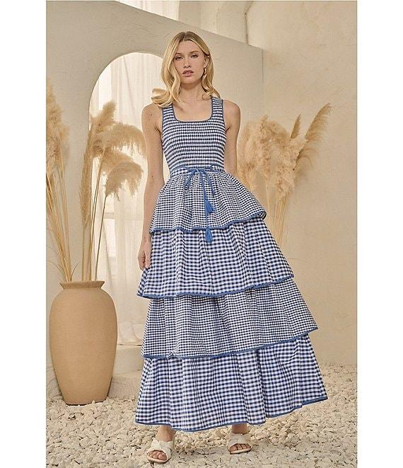 Sugarlips Vanna Checker Sally Scoop Neck Gingham Print Smocked Tassel Belt Tiered Ruffle Maxi Dress Product Image