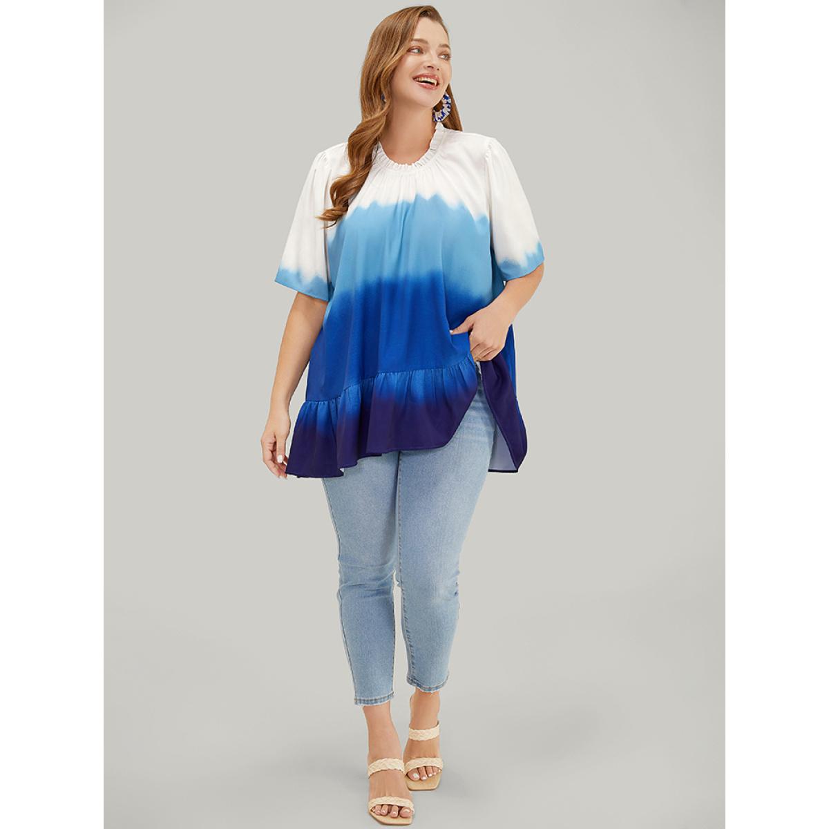 Plus Size Cerulean Tie Dye Frill Trim Mock Neck Ruffle Asymmetrical Hem Blouse Women Vacation Half Sleeve Mock Neck Dailywear Blouses BloomChic 22-24/3X Product Image