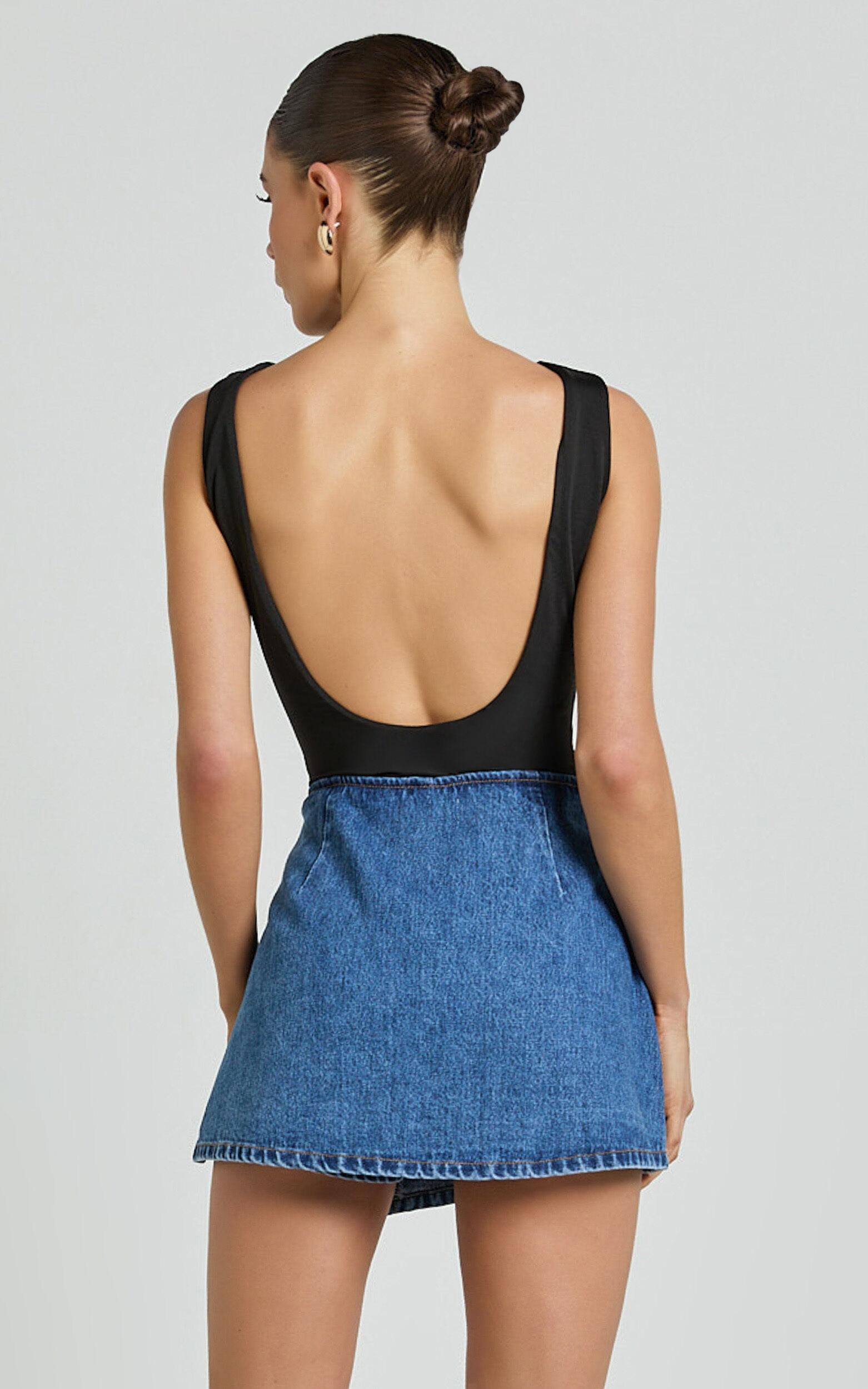 Ronnie Skort - Mid Waist Lace Up Denim Skort in Dark Blue Wash Product Image