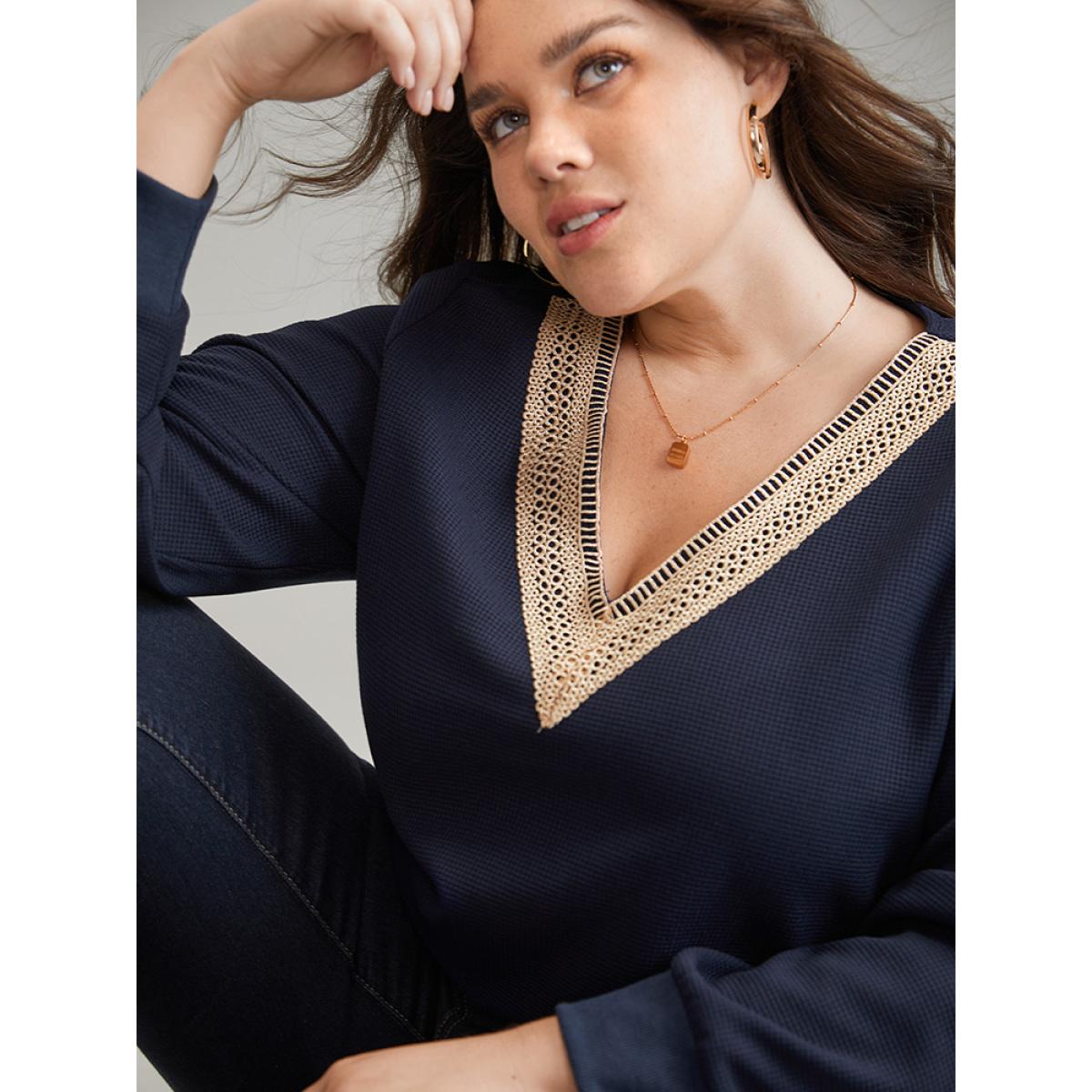 Plus Size Patchwork Lace Panel V Neck Waffle Knit Sweatshirt Women Blue Elegant Rib Knit V-neck Dailywear Sweatshirts BloomChic 12/L Product Image
