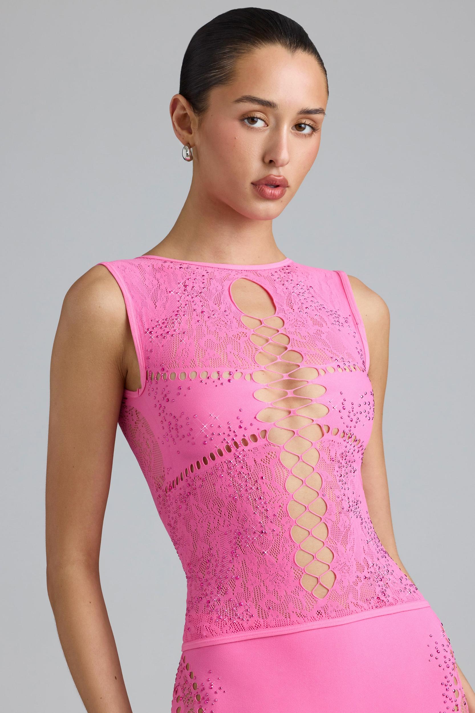 Embellished Lace-Up High-Neck Top in Bubblegum Pink Product Image