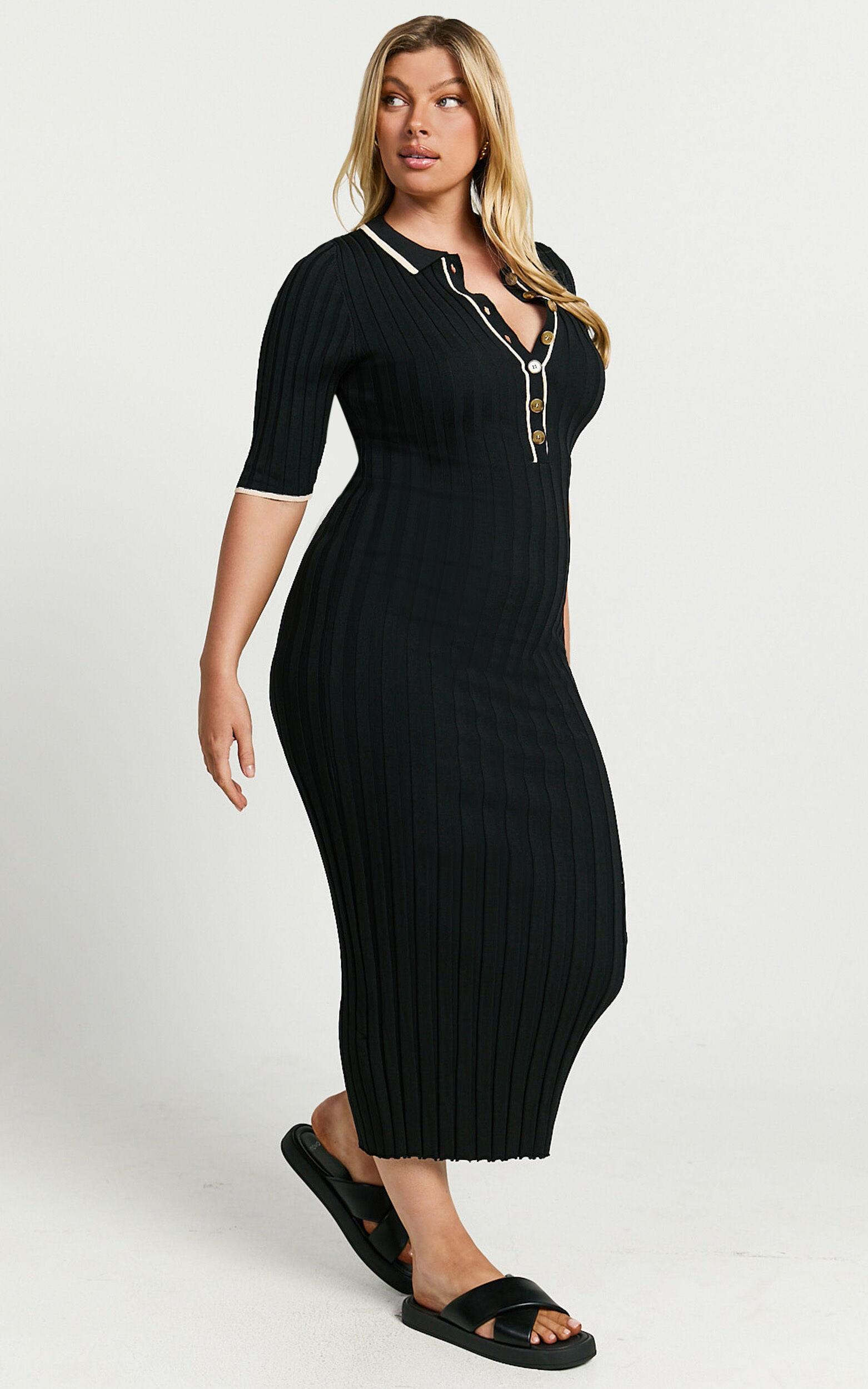 Lada Midi Dress - Short Sleeve Button Front Knit Dress in Black Product Image