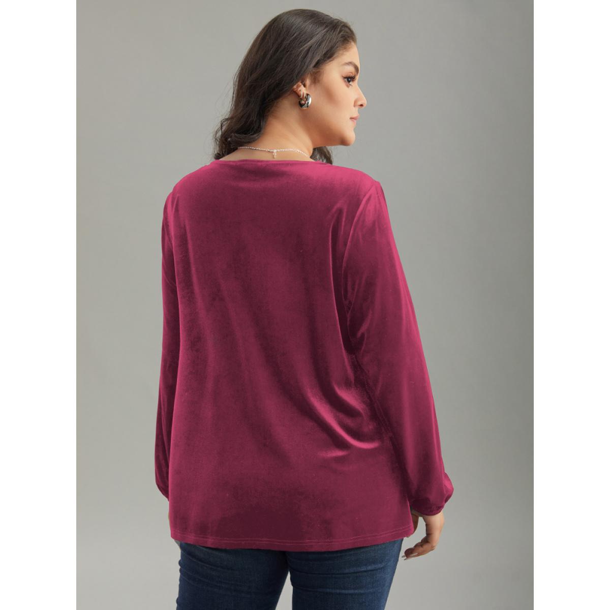 Plus Size Scarlet Velvet Metal Button Detail Blouse Women Elegant Long Sleeve Square Neck Dailywear Blouses BloomChic 28/5X Product Image