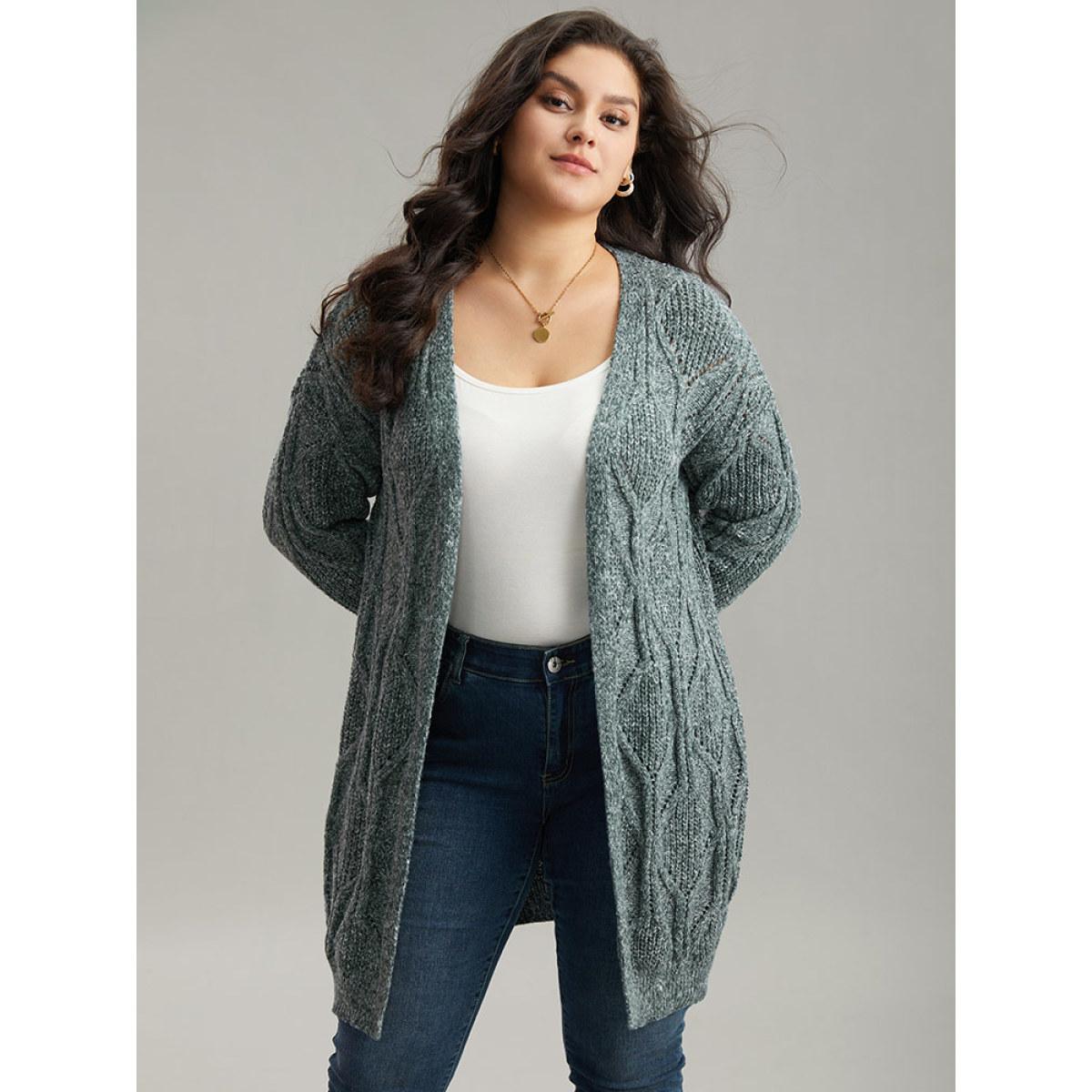 Plus Size Plain Cable Knit Drop Shoulder Cardigan DarkGreen Women Casual Loose Long Sleeve Dailywear Cardigans BloomChic 10/M Product Image