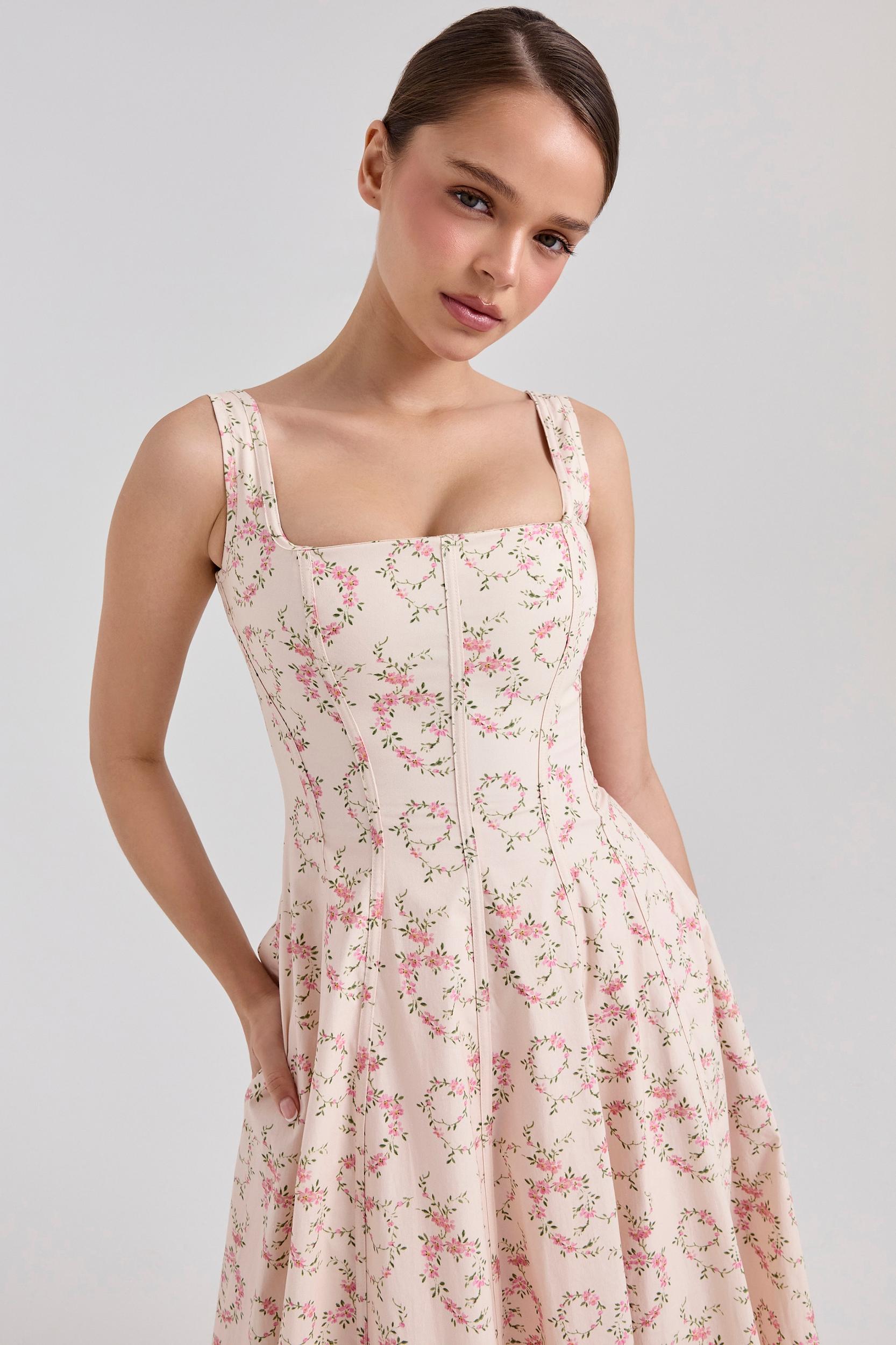 Mariabella  cream floral print cotton midi sun dress Product Image