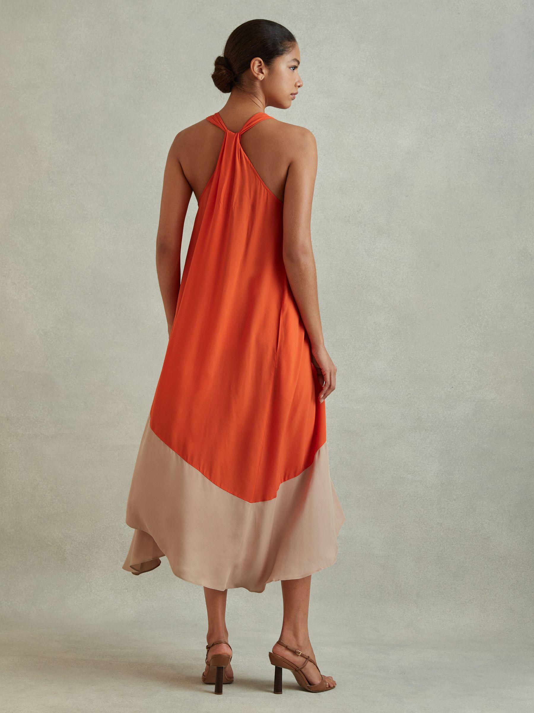Ruched Dipped Hem Midi Dress in Orange Product Image