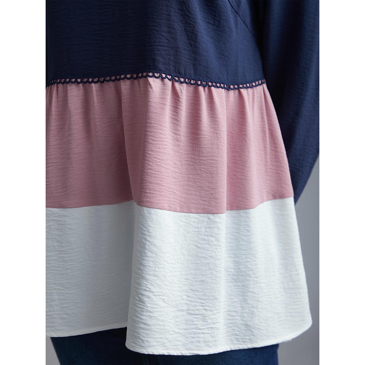 Plus Size Indigo Color Contrast High Low Hem Patchwork Blouse Women Elegant Extra Long Sleeve Round Neck Everyday Blouses BloomChic 12/L Product Image