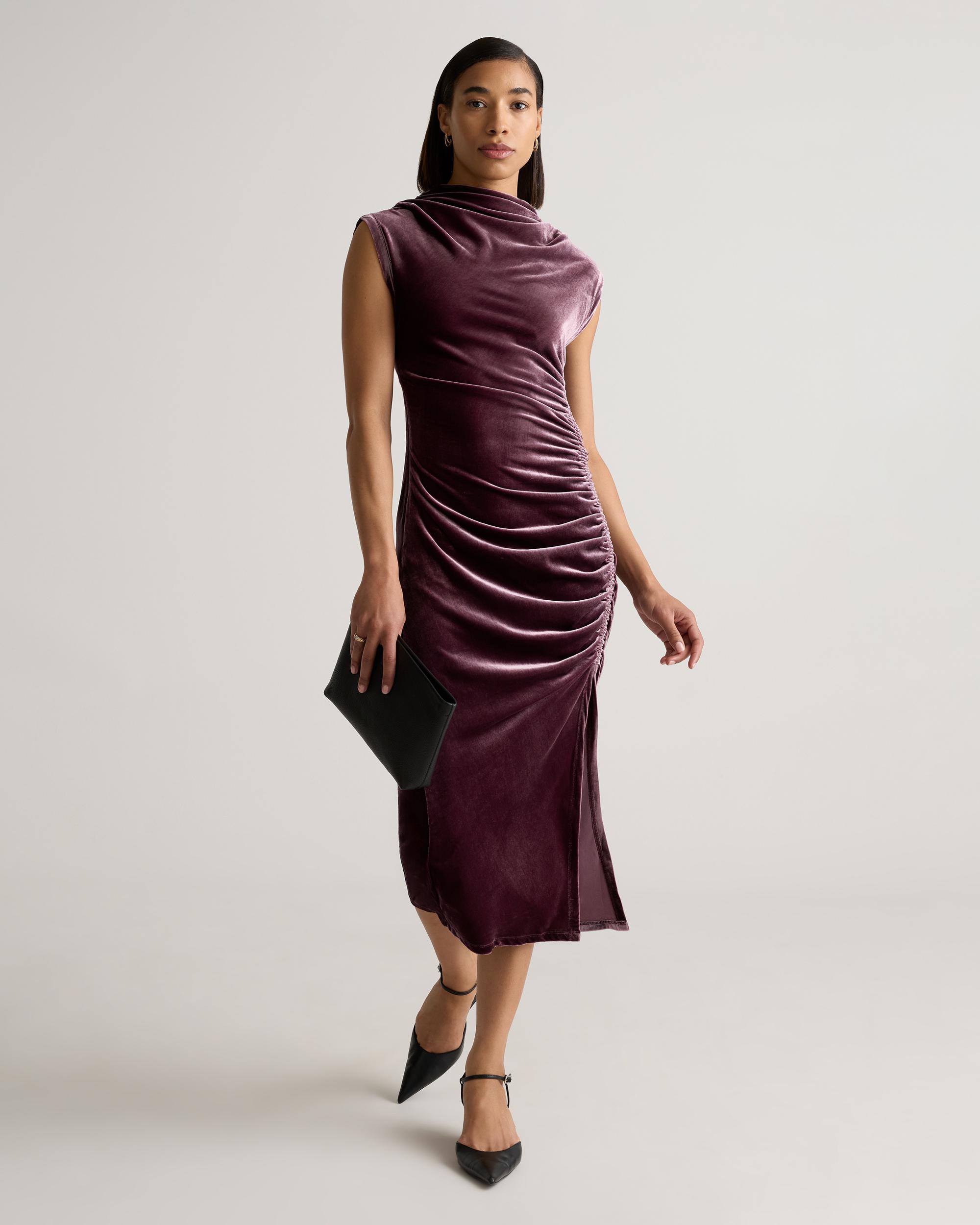 Quince | Women's Stretch Silk Velvet Ruched Midi Dress Product Image