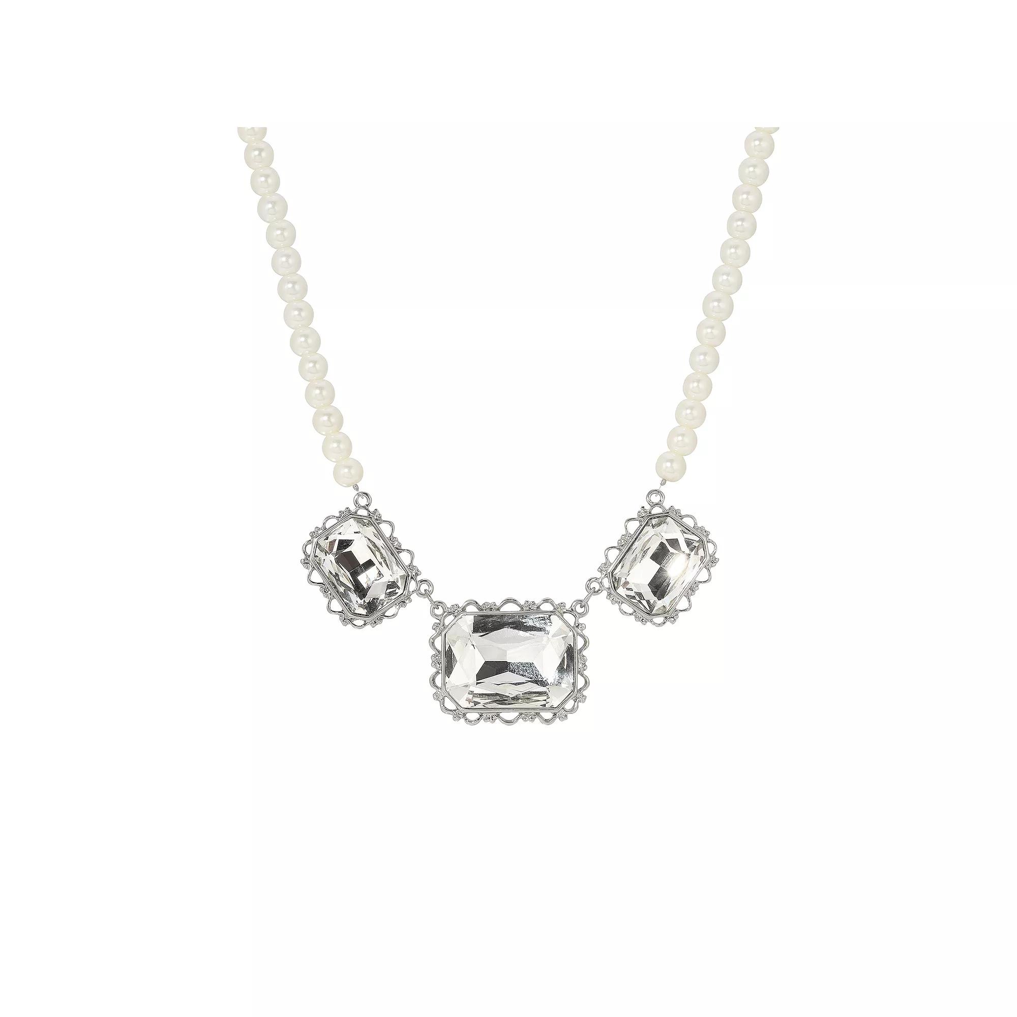 1928 Faux Pearl Faceted Glass Collar Necklace, Women's, White Silver Product Image