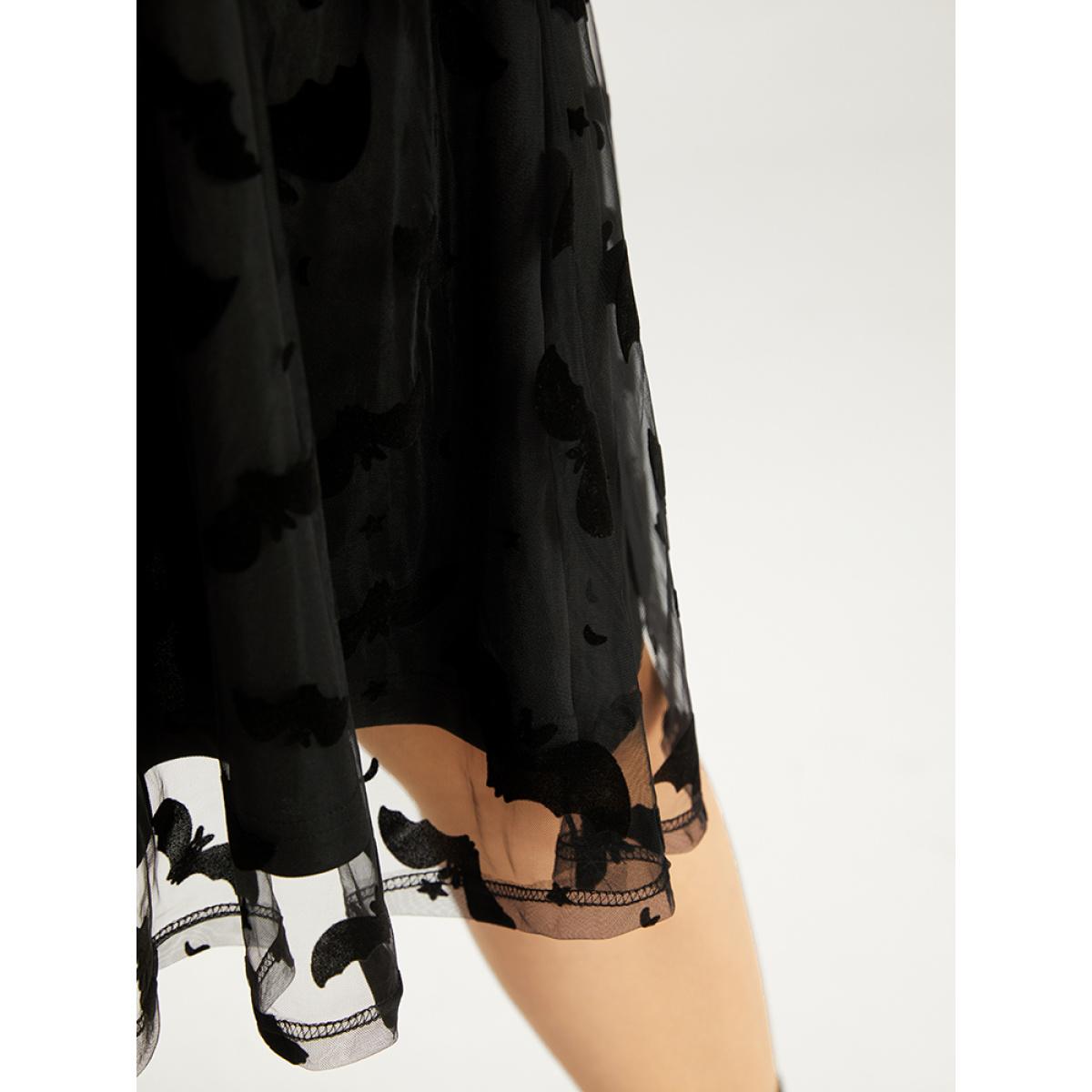 Plus Size Halloween Bat Print Mesh Long Sleeve Dress Black Women Elegant See through Round Neck Long Sleeve Curvy Midi Dress BloomChic 30/6X Product Image