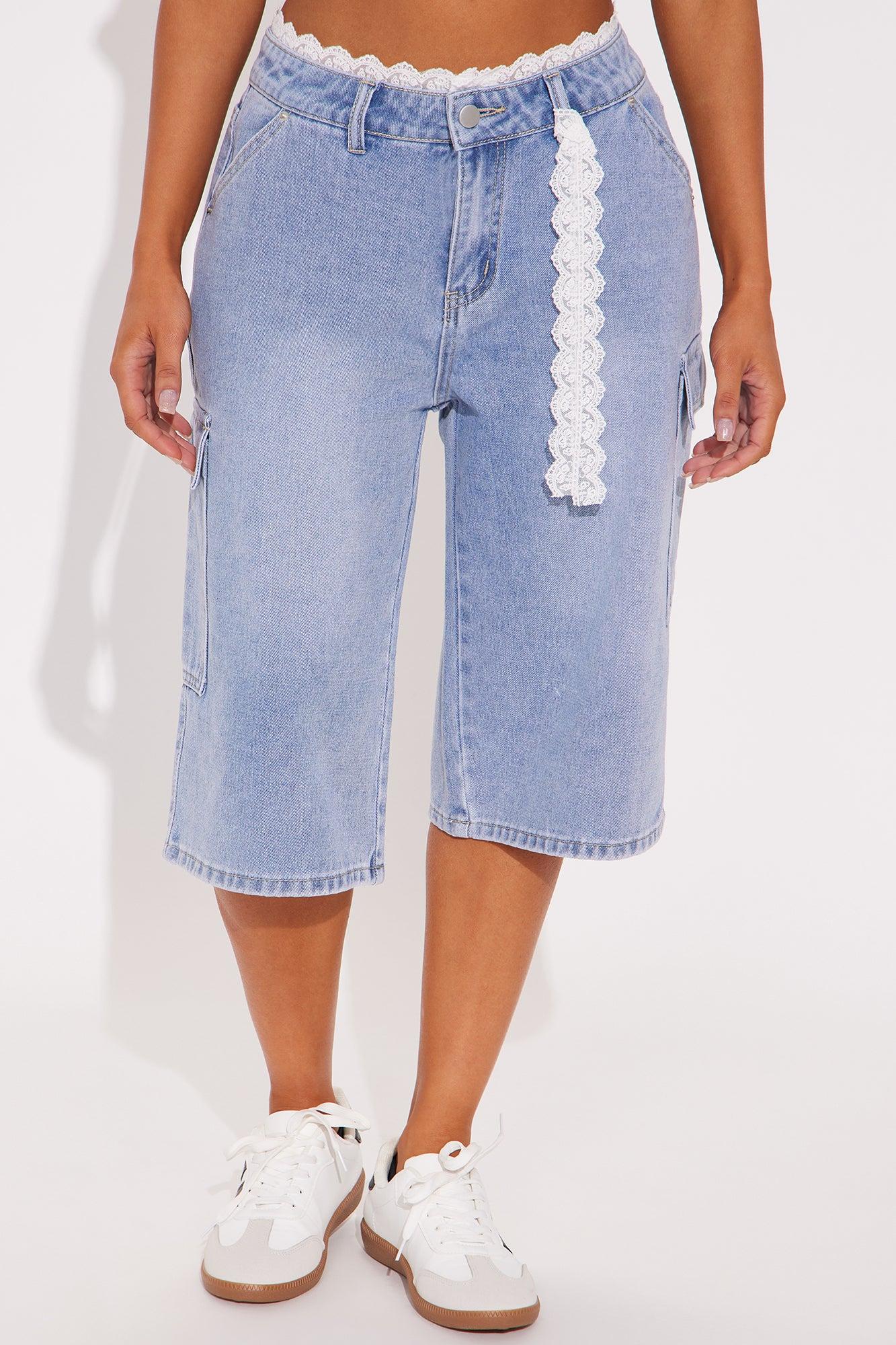 Somewhere Out There Lace Boxer Trim Denim Jorts - Light Wash Product Image