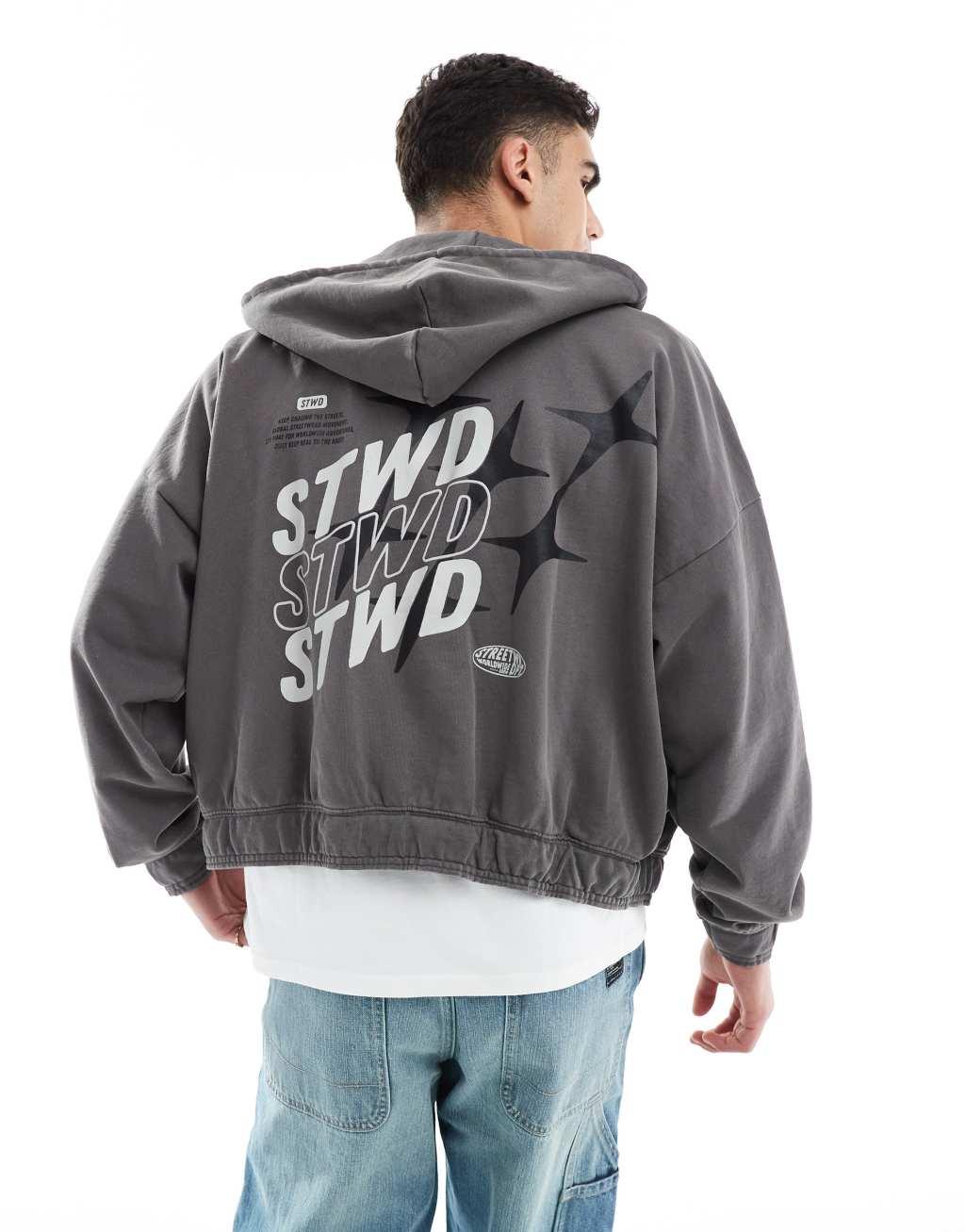 Pull&Bear zip through STWD hoodie in charcoal Product Image