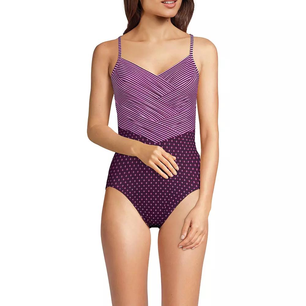 Women's Lands' End Slendertex V-Neck Pleated Crossback One-Piece Swimsuit, Size: 6, Dark Red Geo Stripe Product Image