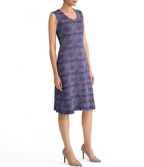 Ming Wang Tweed Scoop Neck Sleeveless Fringe Sheath Dress Product Image