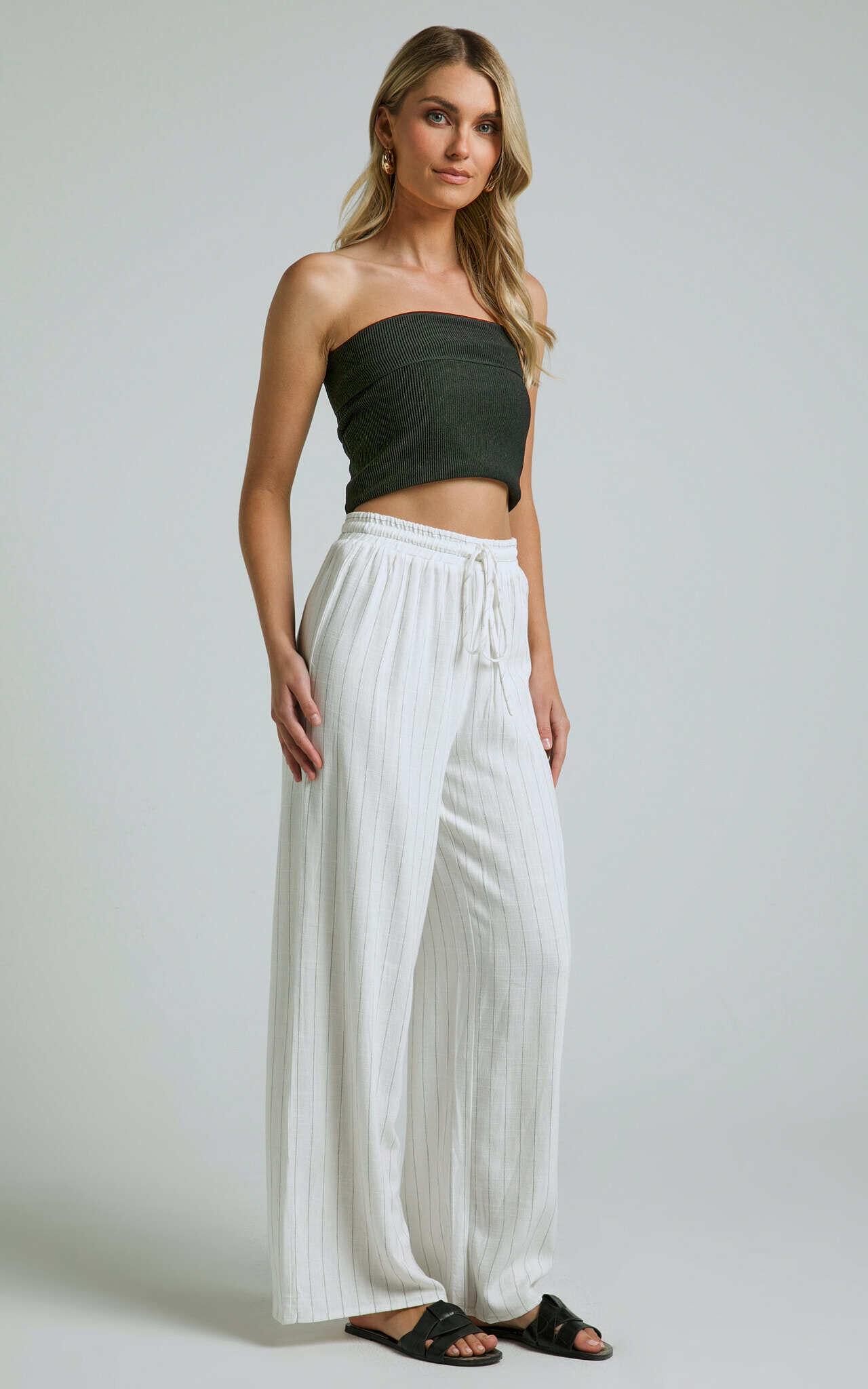 Barbra Pants - Pinstripe Linen High Waisted Relaxed Pants in White Stripe Product Image