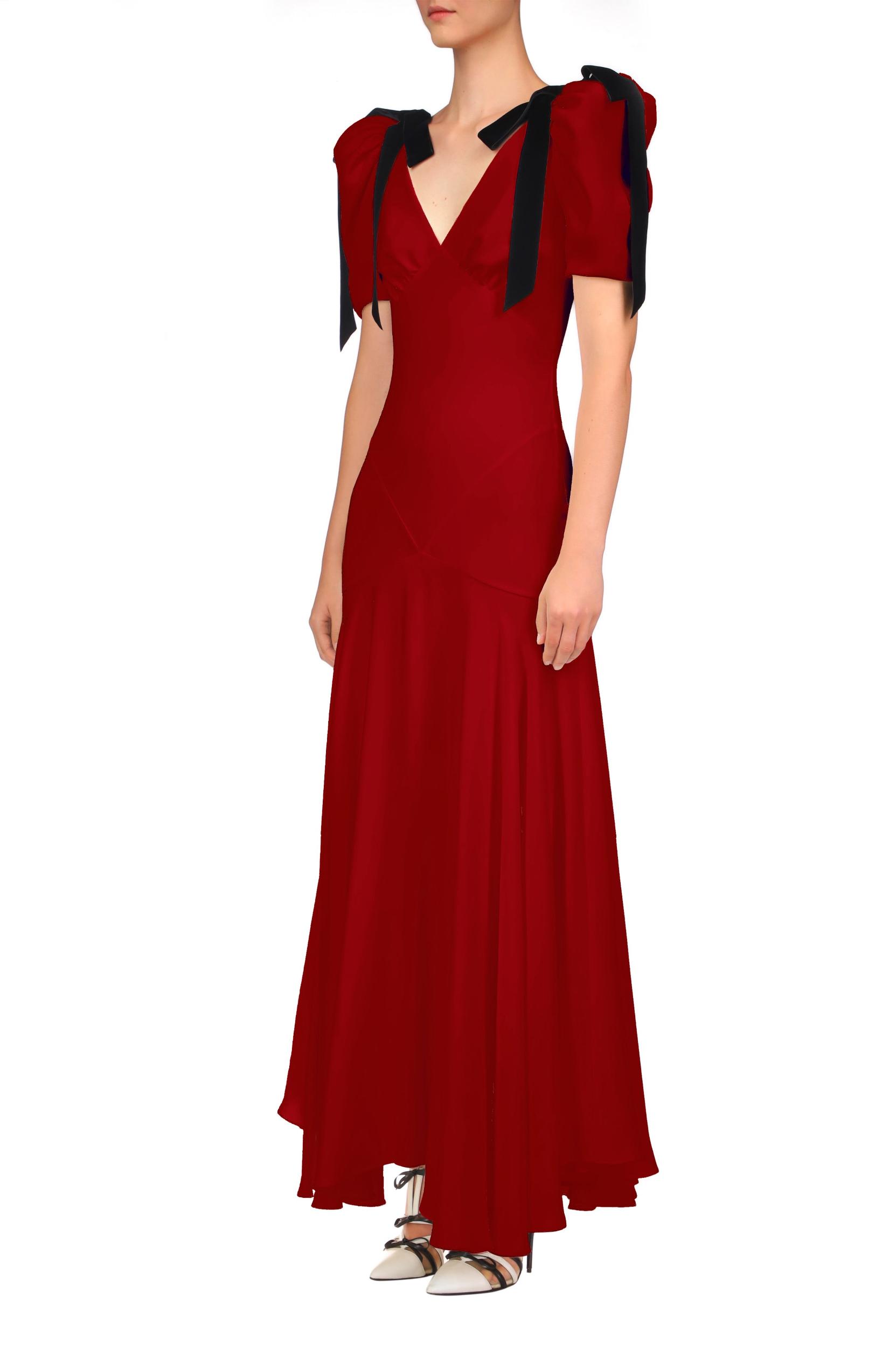 Crimson Silk Crepe Bias Dress With Velvet Ribbon Bow Details Product Image
