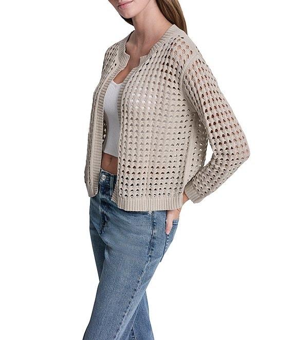 DKNY Jeans by Donna Karan Open Stitch Cotton Crew Neck 3/4 Sleeve Open Front Cardigan Product Image